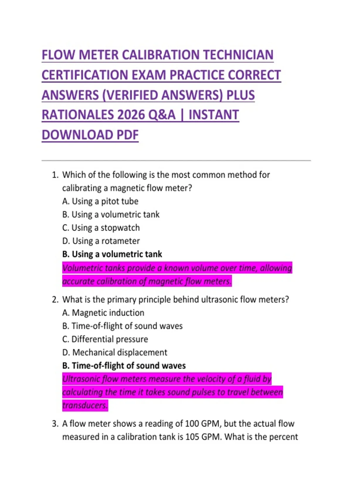 FLOW METER CALIBRATION TECHNICIAN CERTIFICATION EXAM PRACTICE CORRECT ...