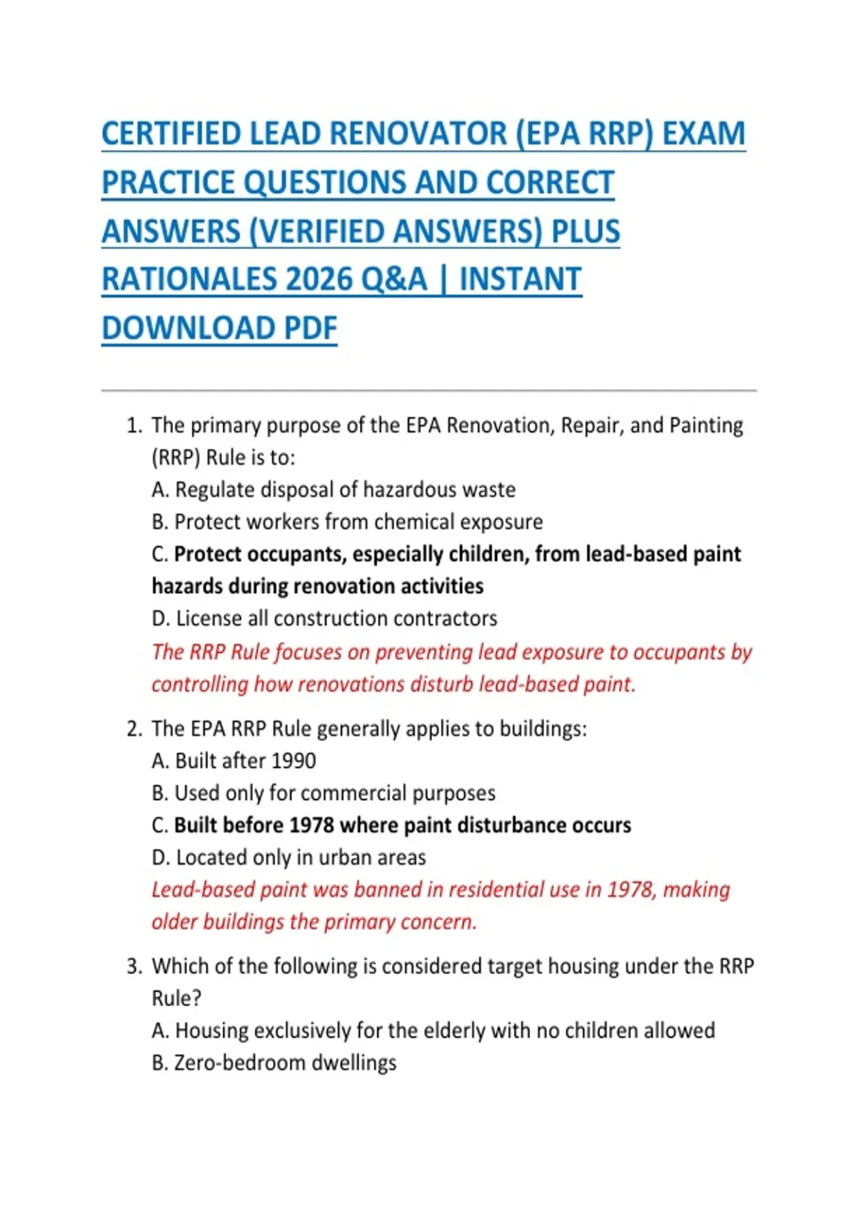 Epa Rrp Checklist CERTIFIED LEAD RENOVATOR (EPA RRP) EXAM PRACTICE QUESTIONS AND CORRECT ...