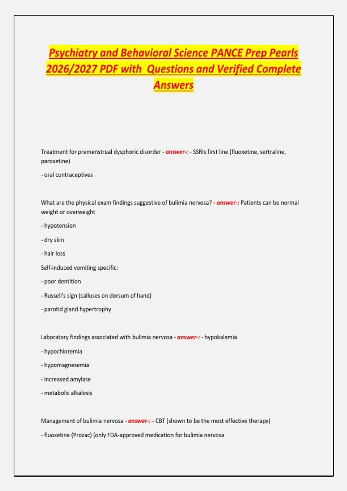 Psychiatry and Behavioral Science PANCE Prep Pearls 2026/2027 PDF with ...