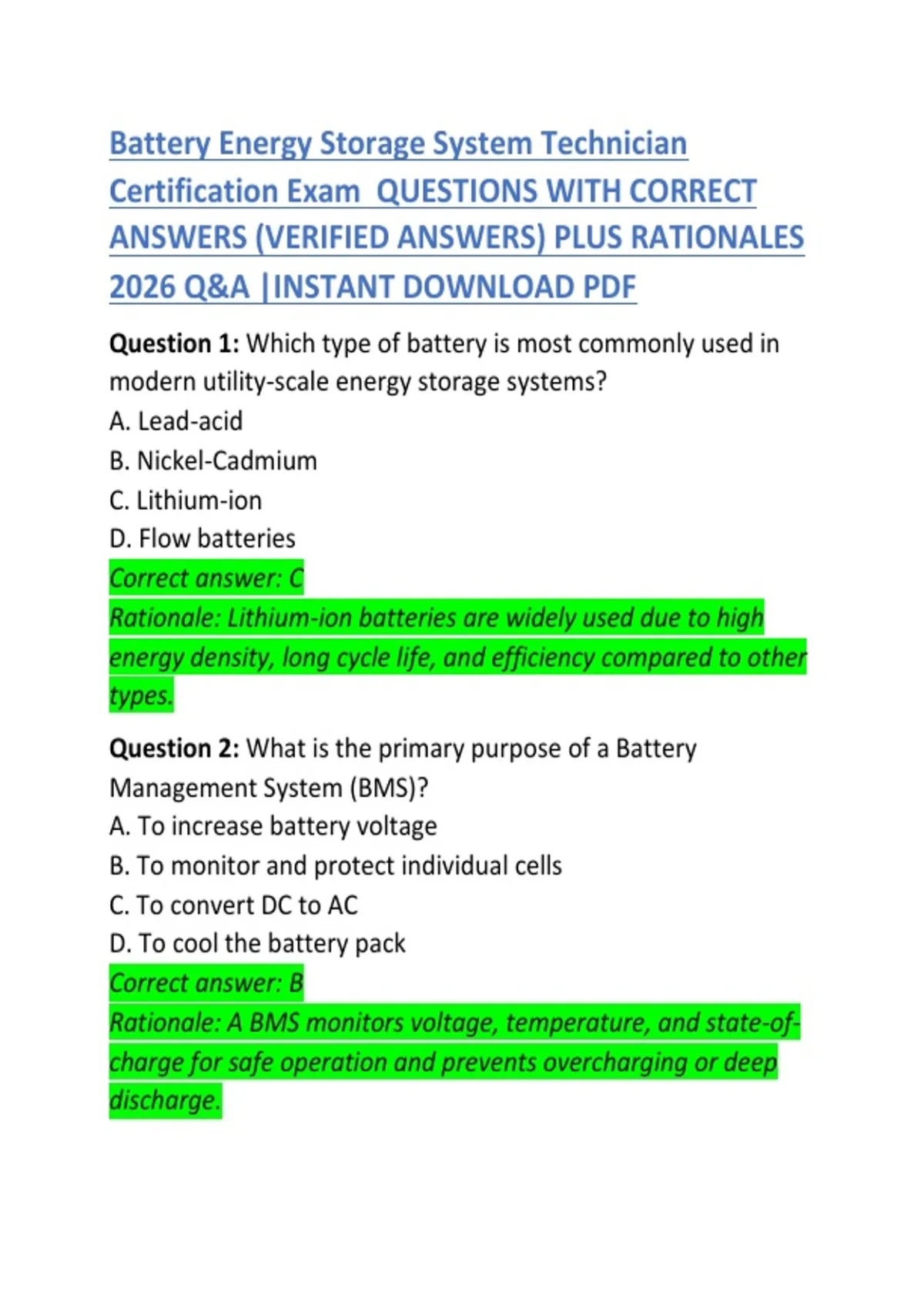 Battery Energy Storage System (BESS) Technician Certification Exam ...