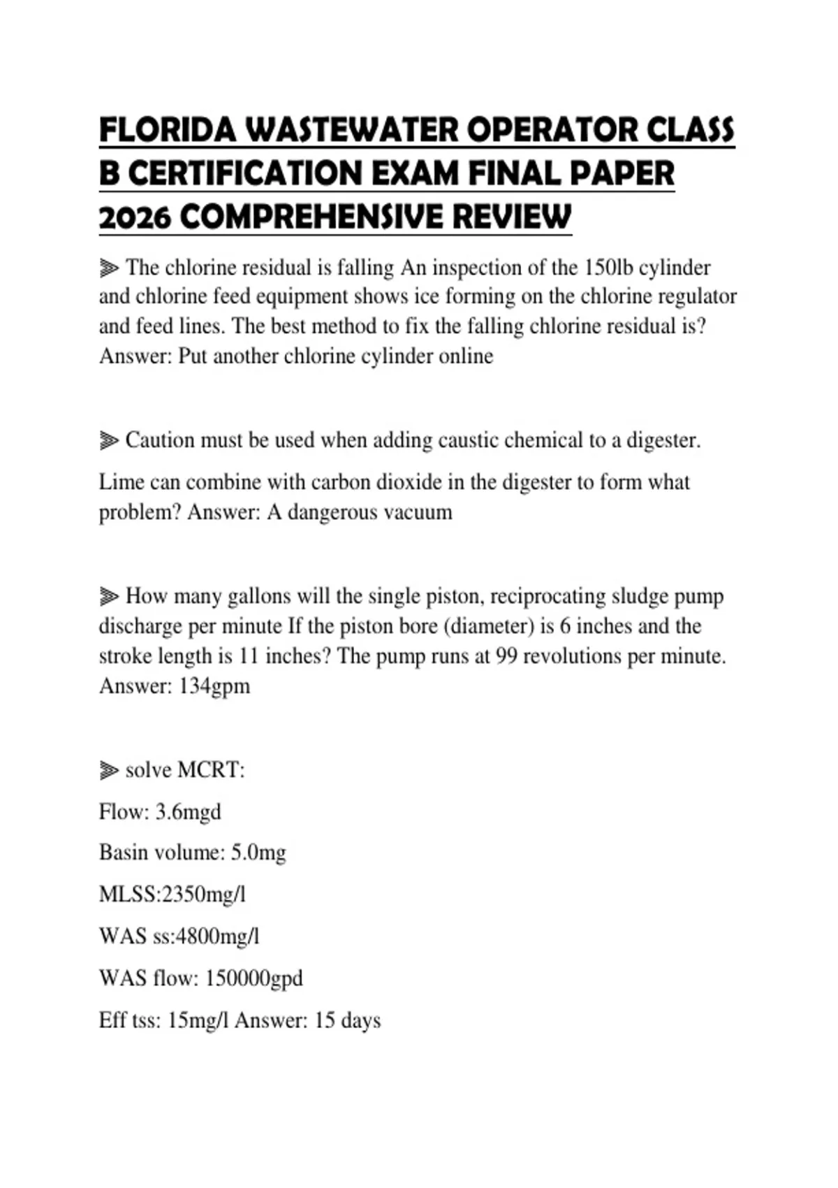 FLORIDA WASTEWATER OPERATOR CLASS B CERTIFICATION EXAM FINAL PAPER 2026 ...