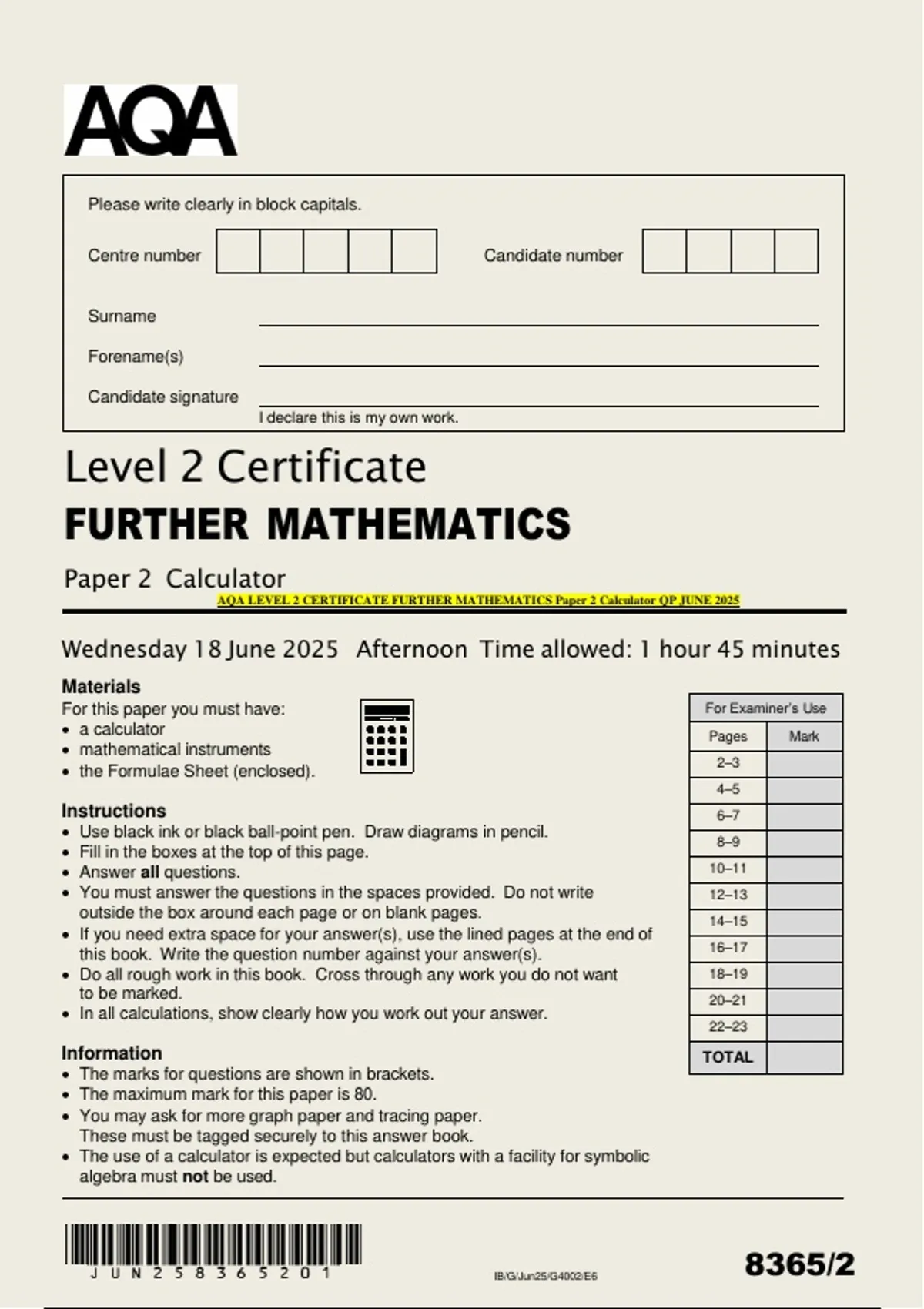 AQA LEVEL 2 CERTIFICATE FURTHER MATHEMATICS Paper 2 Calculator QP JUNE ...