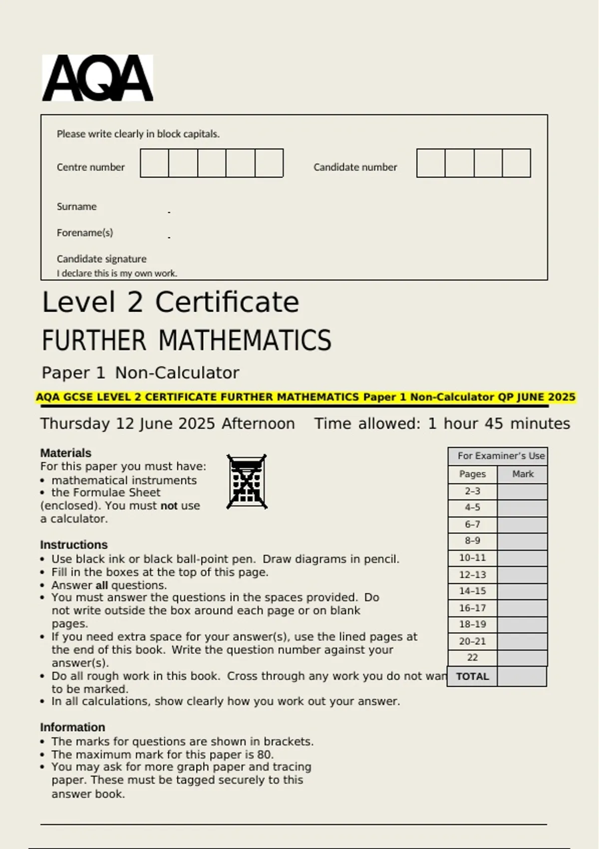 AQA GCSE LEVEL 2 CERTIFICATE FURTHER MATHEMATICS Paper 1 Non-Calculator ...