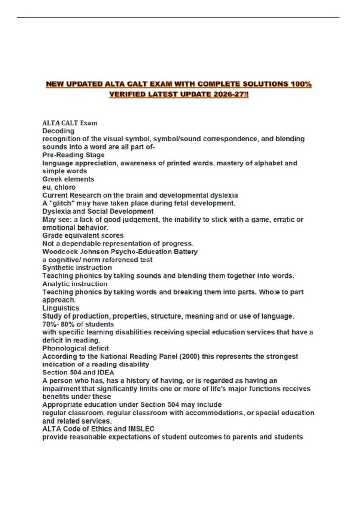 NEW UPDATED ALTA CALT EXAM WITH COMPLETE SOLUTIONS 100% VERIFIED LATEST ...