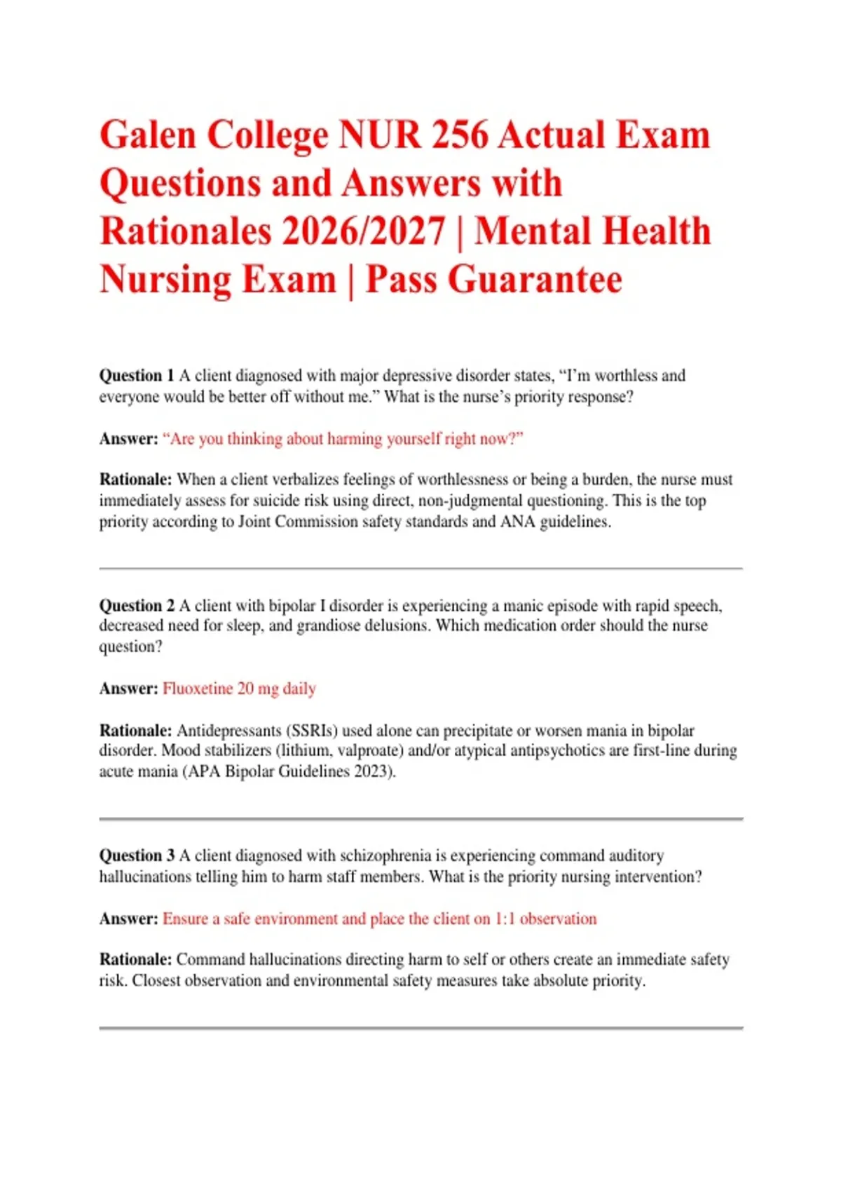 Galen College NUR 256 Actual Exam Questions and Answers with Rationales ...