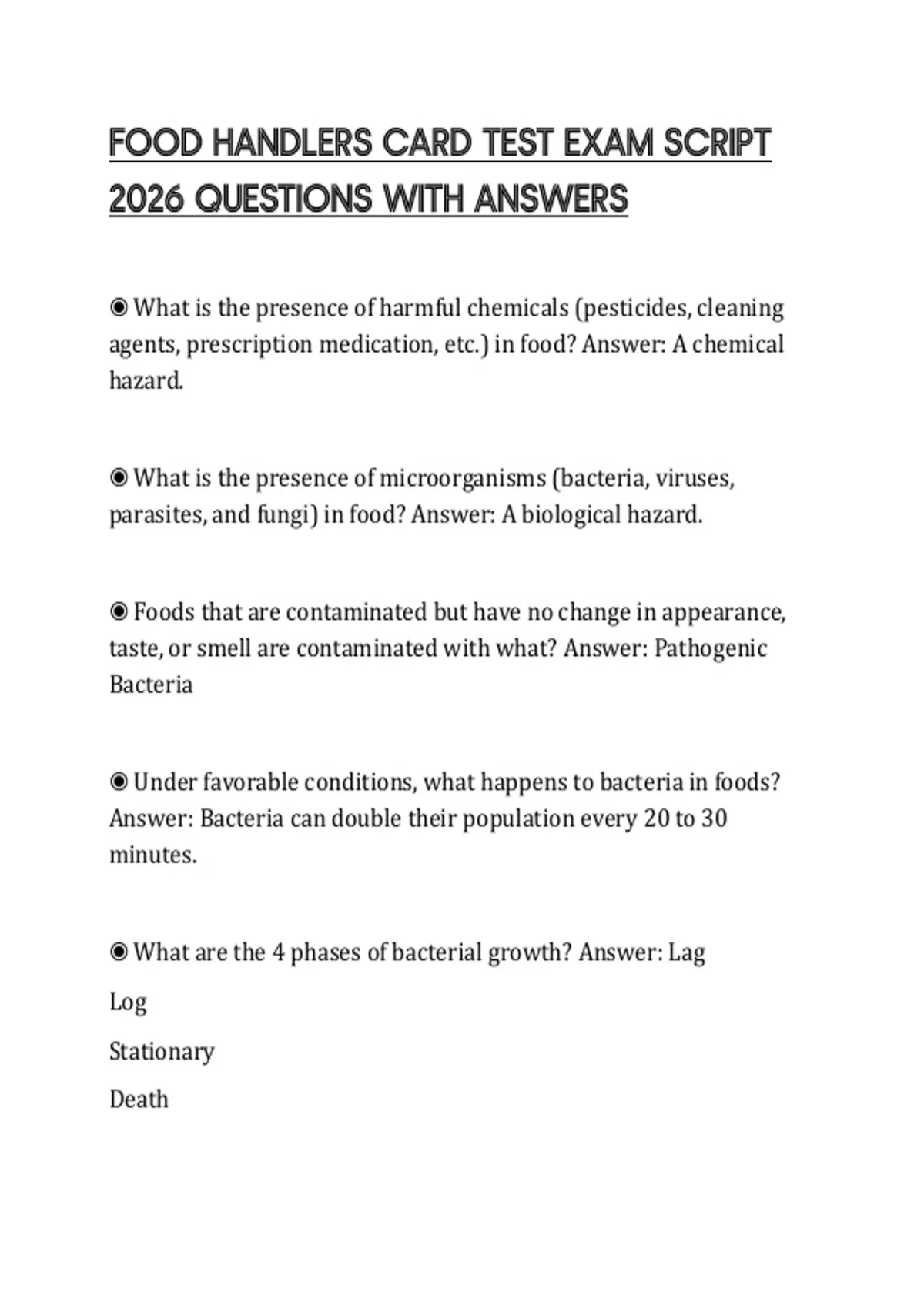 Food Test Lab Script FOOD HANDLERS CARD TEST EXAM SCRIPT 2026 QUESTIONS WITH ANSWERS - Food ...