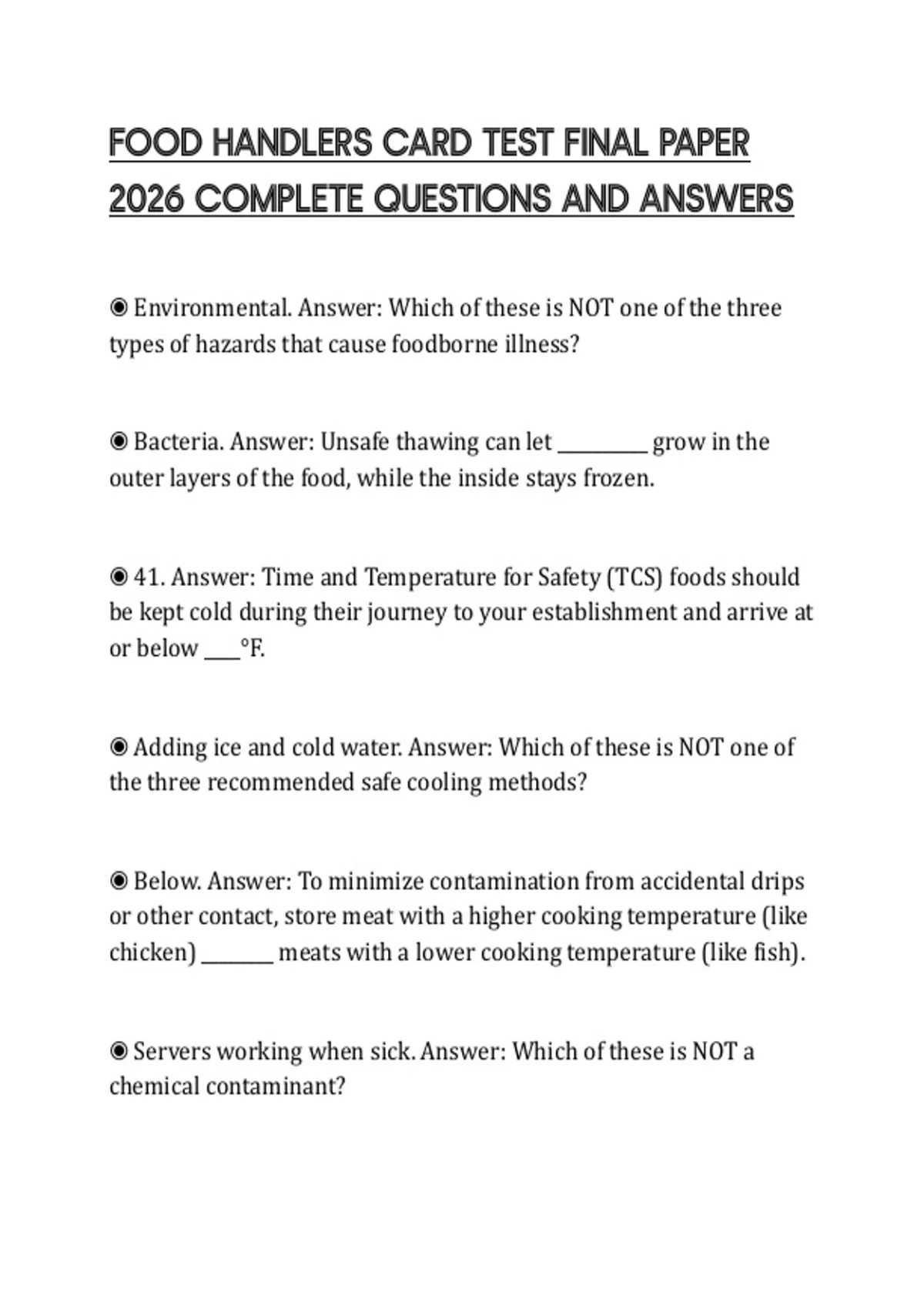 FOOD HANDLERS CARD TEST FINAL PAPER 2026 COMPLETE QUESTIONS AND ANSWERS - Food handlers - Stuvia US