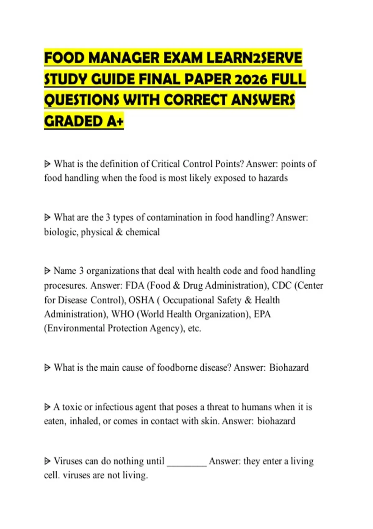 FOOD MANAGER EXAM LEARN2SERVE STUDY GUIDE FINAL PAPER 2026 FULL ...
