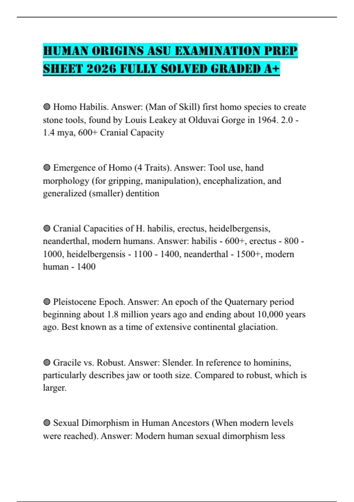 Human Origin Notes HUMAN ORIGINS ASU EXAMINATION PREP SHEET 2026 FULLY SOLVED GRADED A+ ...