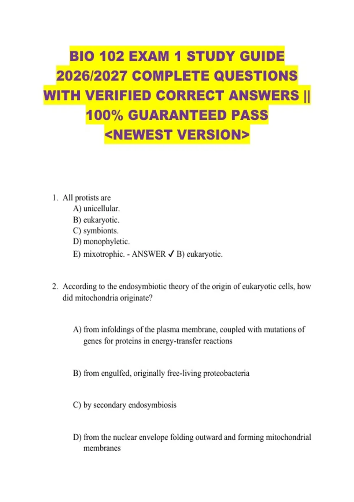 BUNDLE FOR BIO 102 EXAMS 1-4 & FINAL STUDY GUIDE 2026/2027 COMPLETE ...