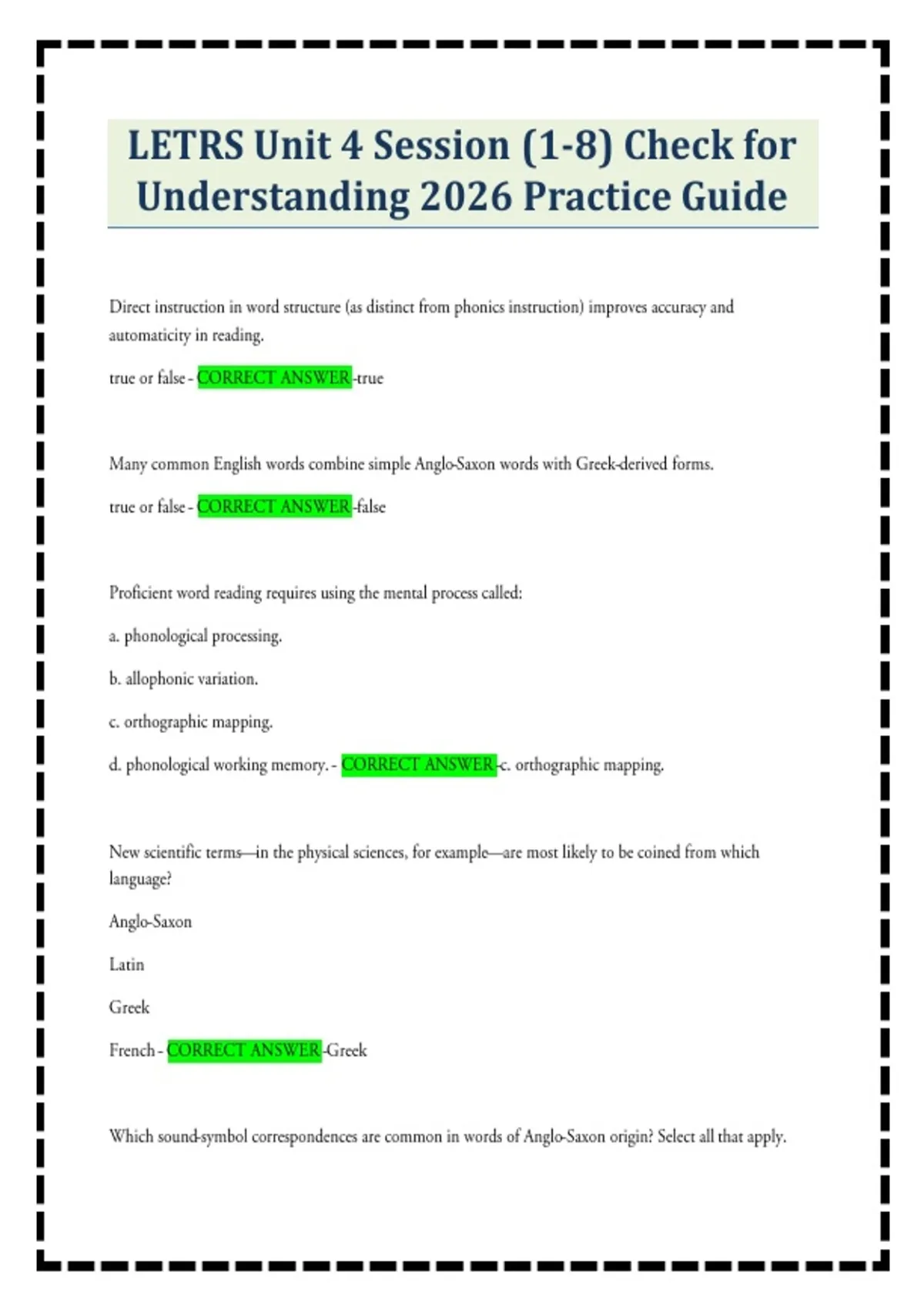 LETRS Unit 4 Session (1-8) Check for Understanding 2026 Practice Guide ...