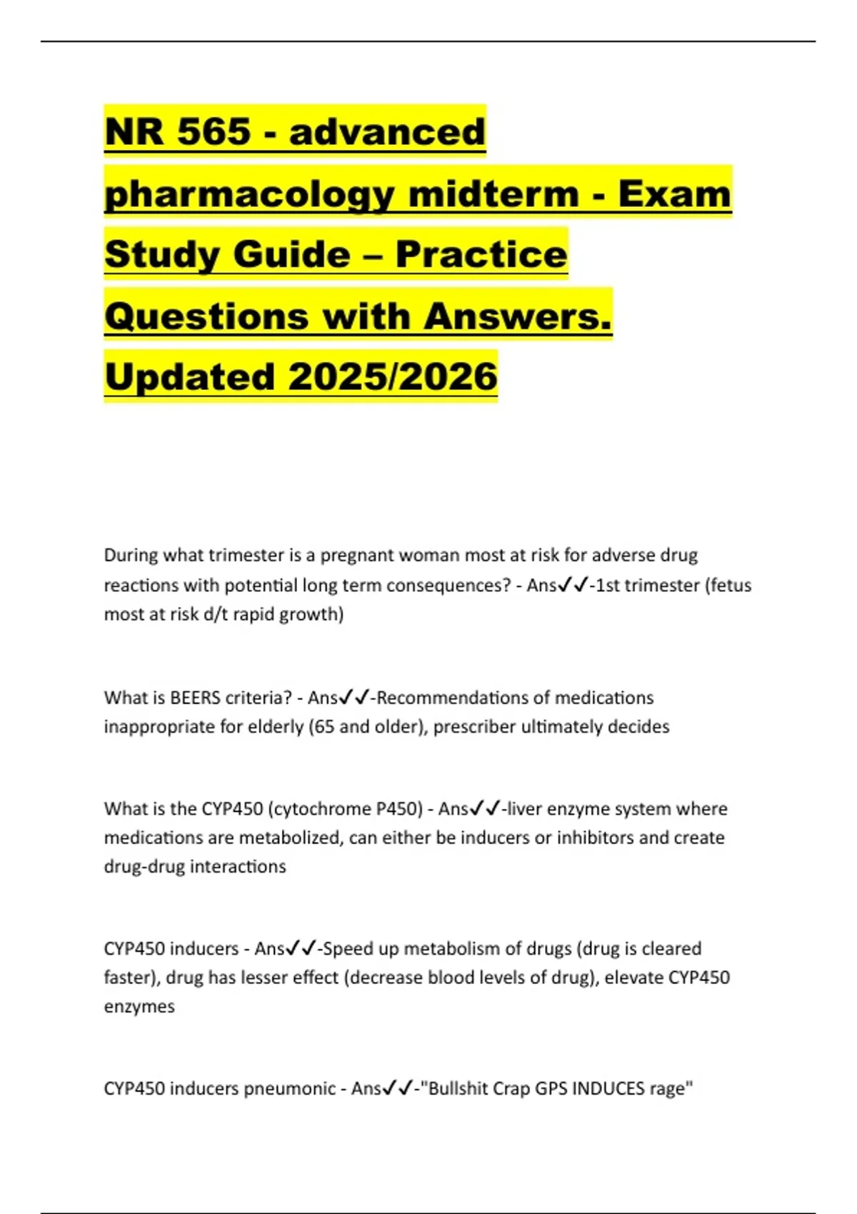 NR 565 - advanced pharmacology midterm - Exam Study Guide – Practice ...