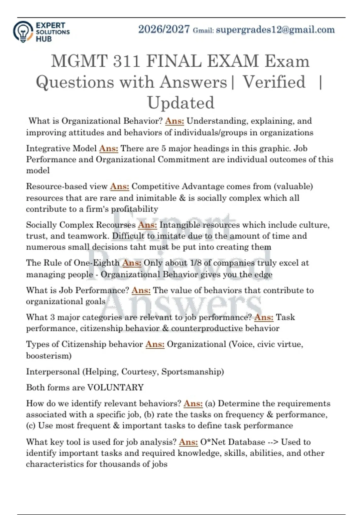 MGMT 311 FINAL EXAM Exam Questions with Answers| Verified | Updated ...