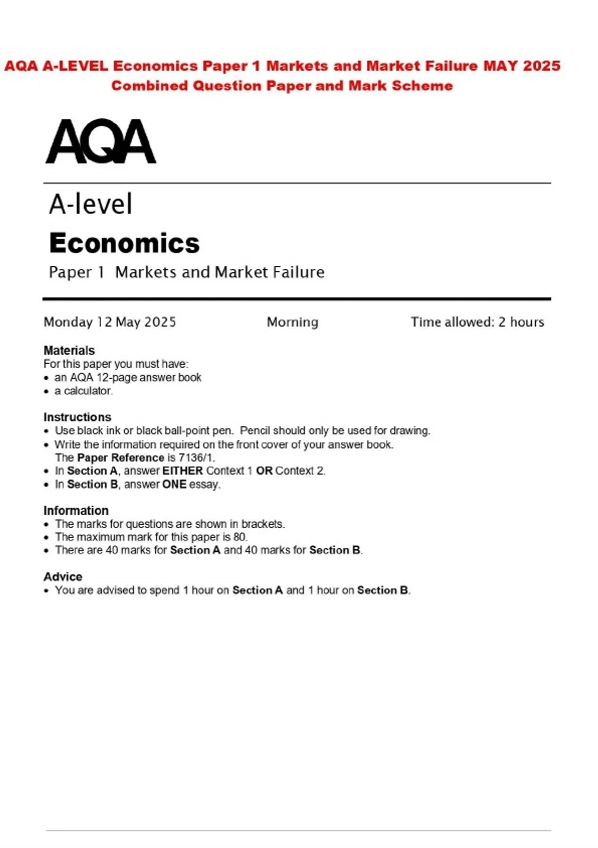 AQA A-LEVEL Economics Paper 1 Markets and Market Failure MAY 2025 ...