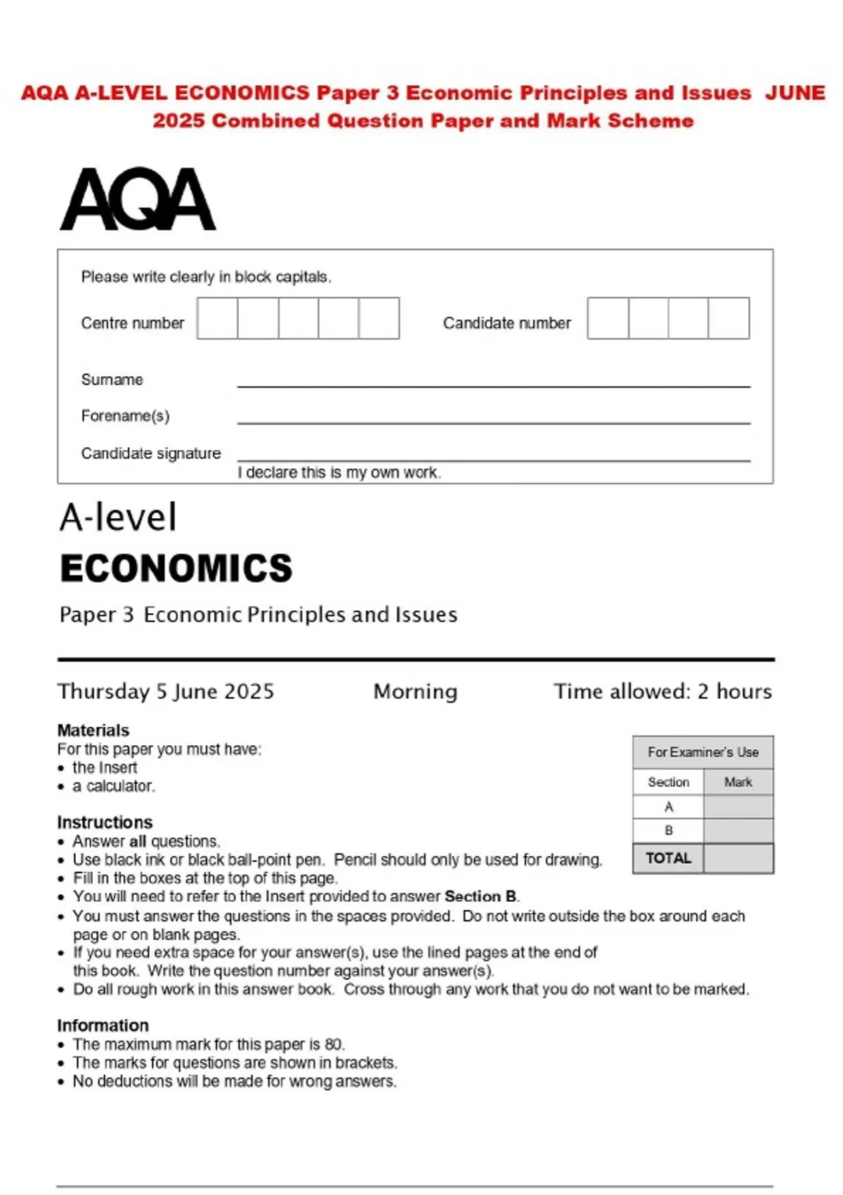 AQA A-LEVEL ECONOMICS Paper 3 Economic Principles and Issues JUNE 2025 ...