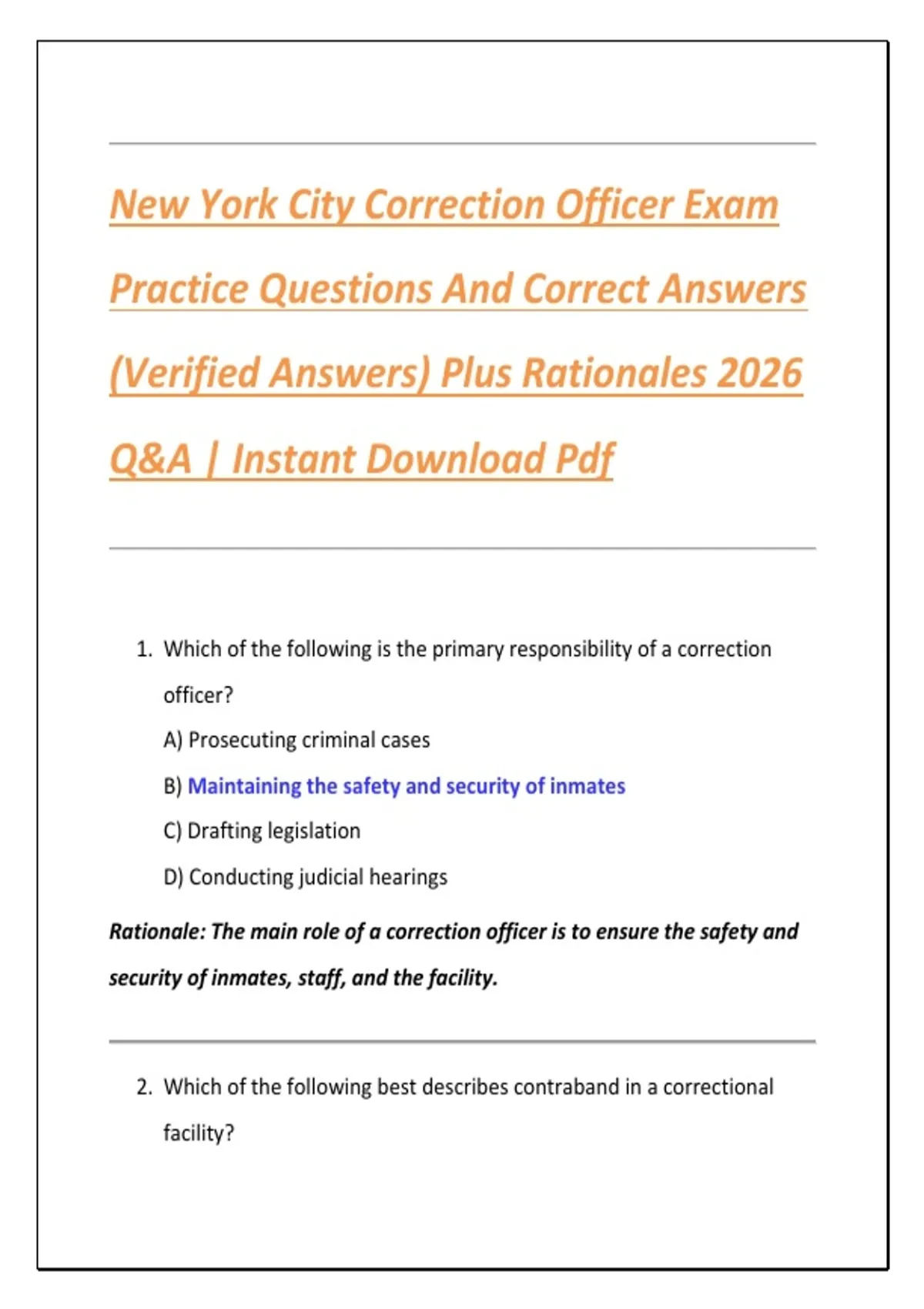 New York City Correction Officer Exam Practice Questions And Correct Answers (Verified Answers ...