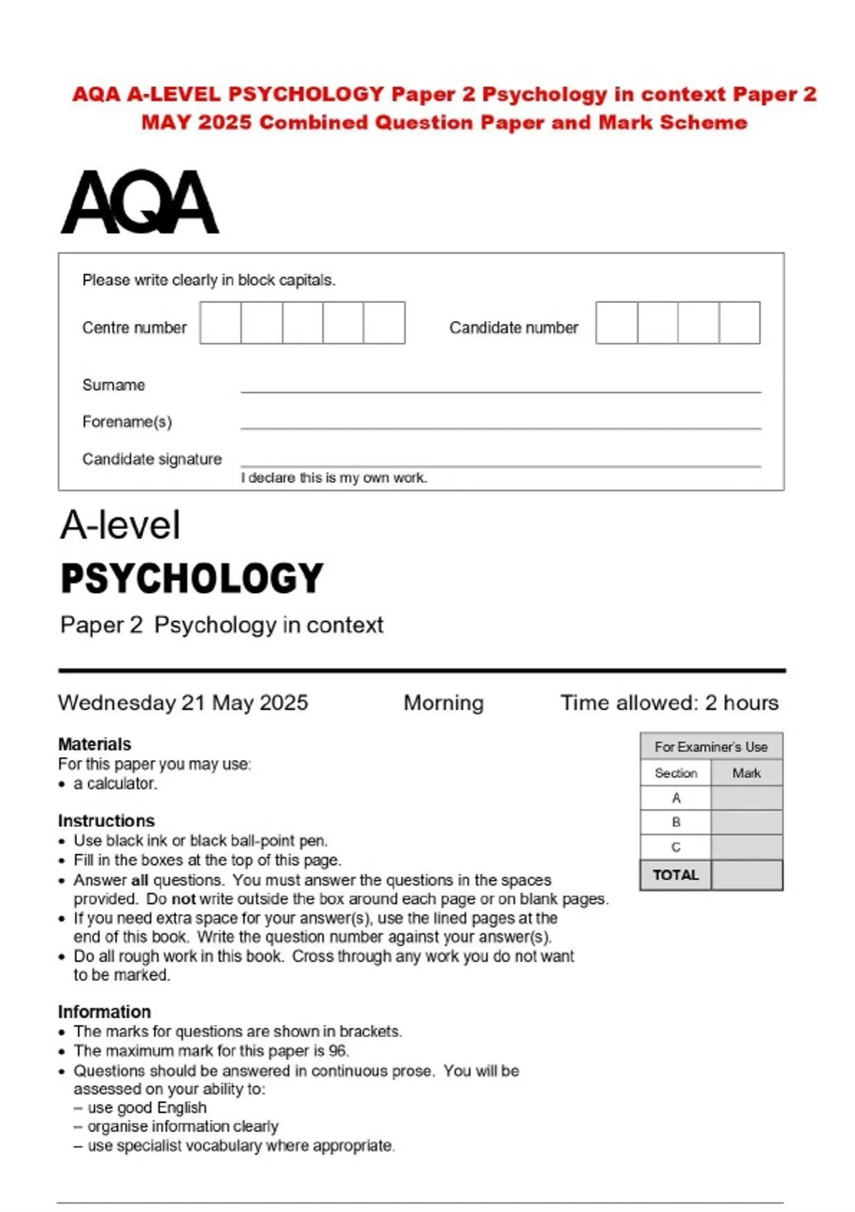 AQA A-LEVEL PSYCHOLOGY Paper 2 Psychology in context Paper 2 MAY 2025 ...
