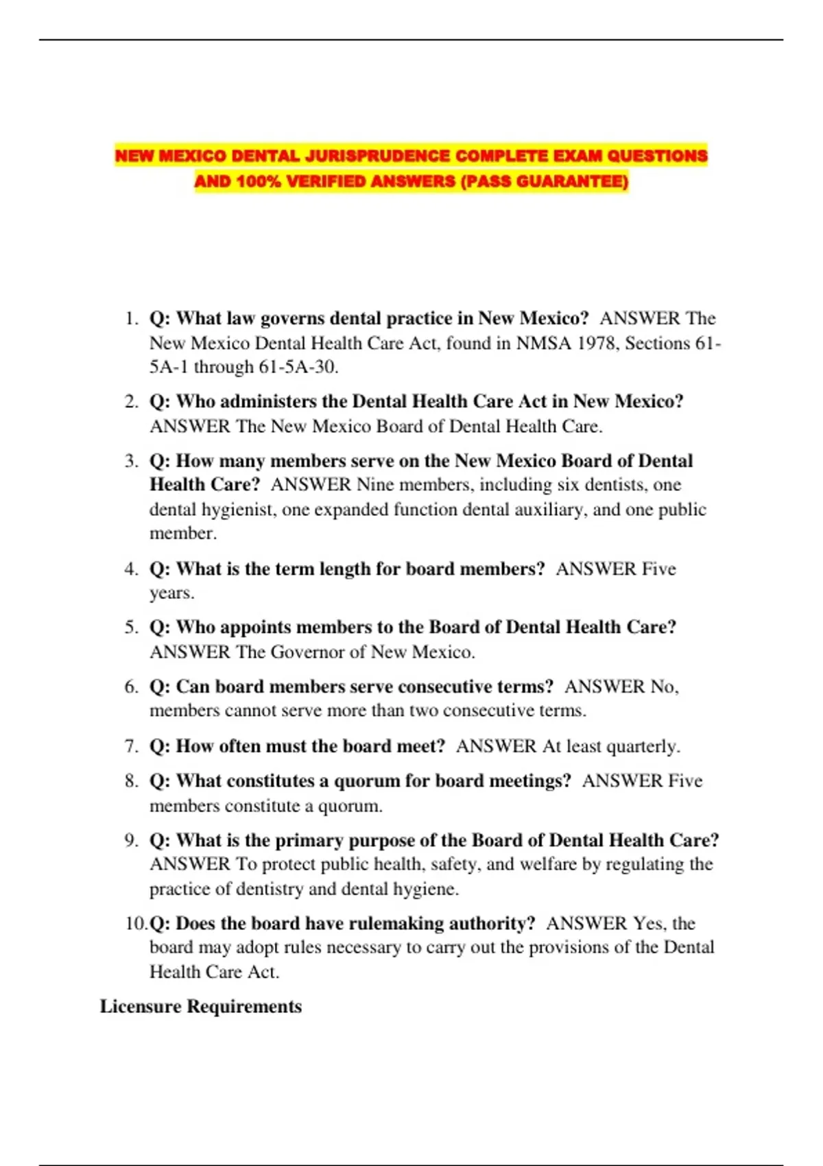 NEW MEXICO DENTAL JURISPRUDENCE COMPLETE EXAM QUESTIONS AND 100% VERIFIED ANSWERS (PASS ...