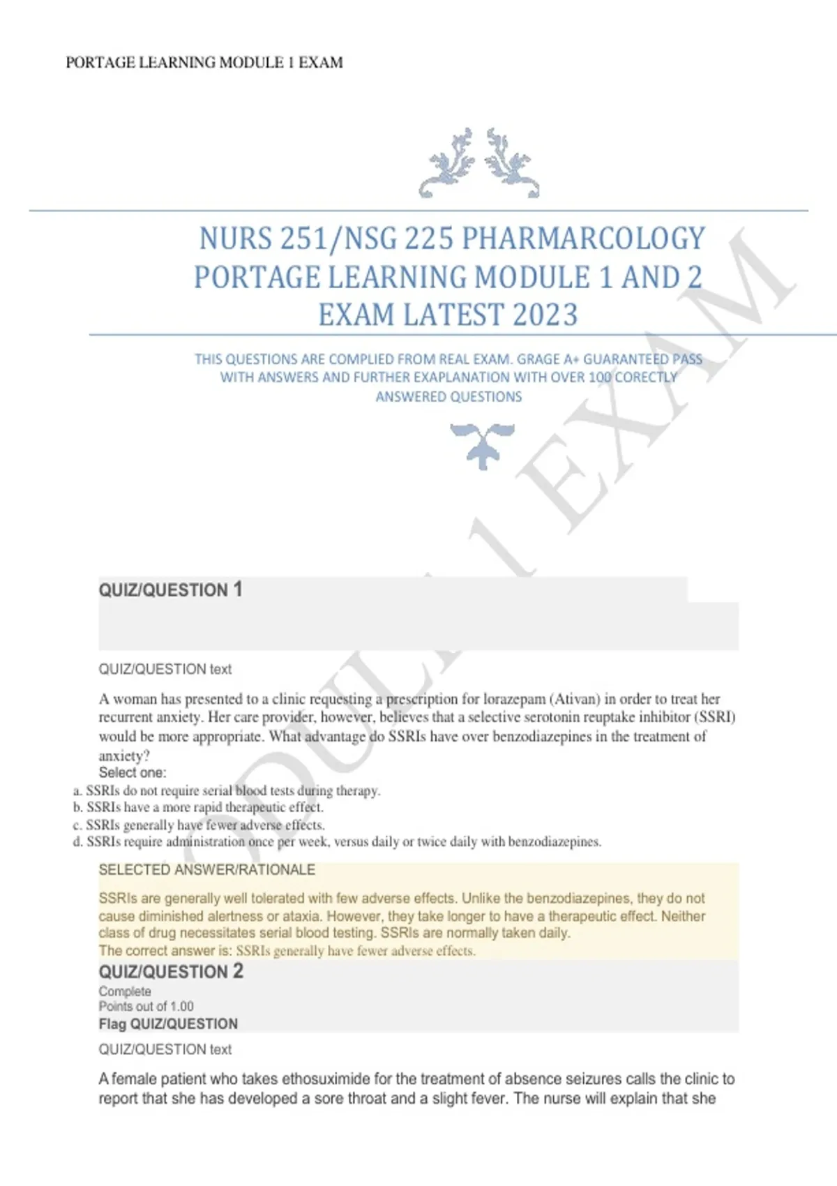 NURS 251 NSG 225 Pharmacology Portage Learning Module 1 and 2 Exam ...