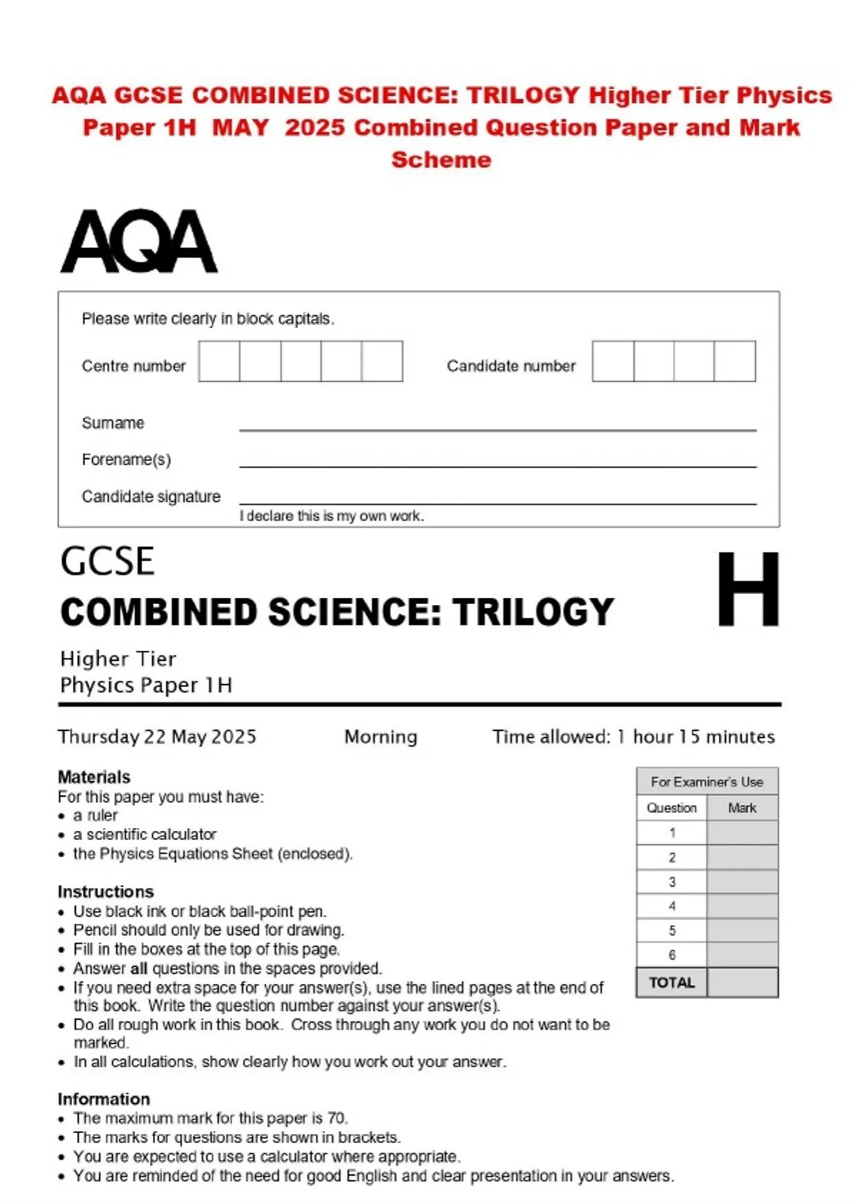 AQA GCSE COMBINED SCIENCE: TRILOGY Higher Tier Physics Paper 1H MAY ...