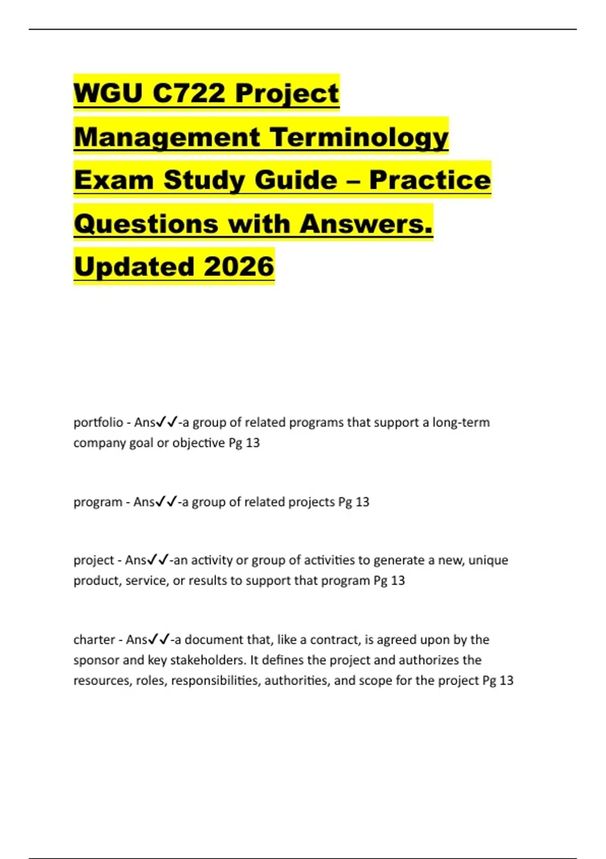 WGU C722 Project Management Terminology Exam Study Guide – Practice ...