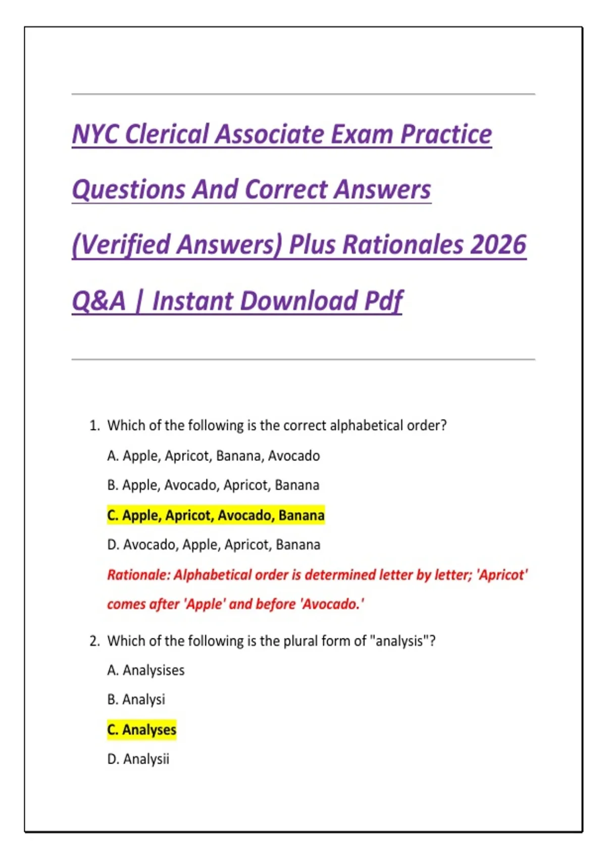 NYC Clerical Associate Exam Practice Questions And Correct Answers (Verified Answers) Plus ...