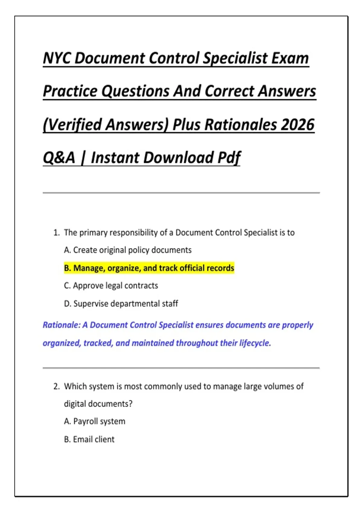 NYC Document Control Specialist Exam Practice Questions And Correct ...