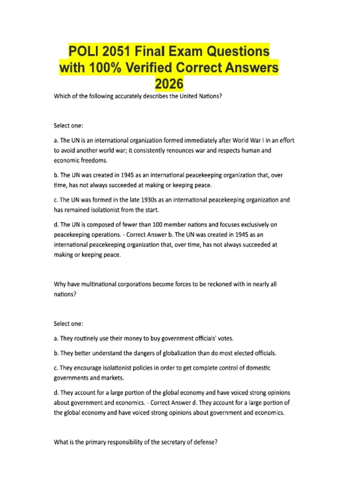 POLI 2051 Final Exam Questions with 100% Verified Correct Answers 2026 ...