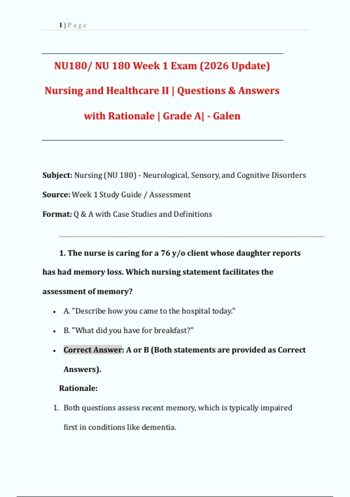 NU180/ NU 180 Week 1 Exam (2026 Update) Nursing and Healthcare II ...
