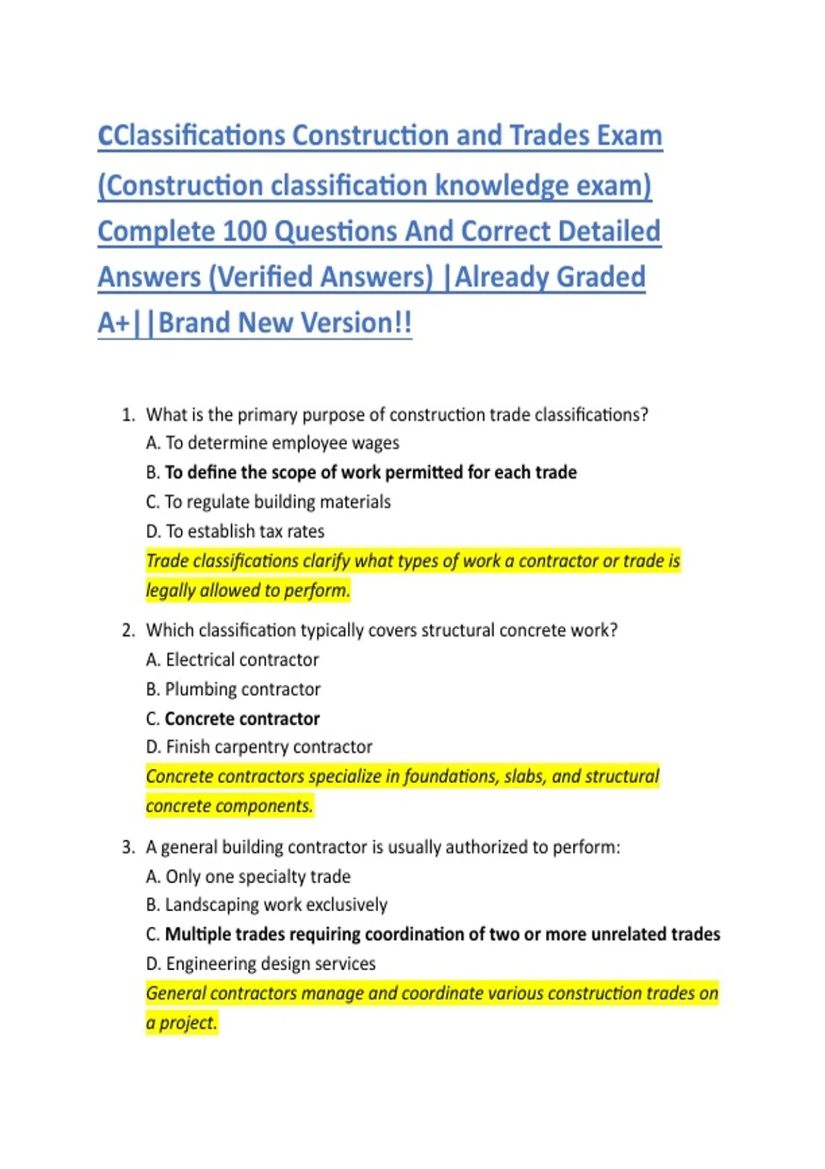 cClassifications Construction and Trades Exam (Construction ...