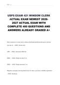 USPS EXAM 421 WINDOW CLERK  ACTUAL EXAM NEWEST 2026 2027 ACTUAL EXAM WITH  COMPLETE 400 QUESTIONS AND  ANSWERS ALREADY GRADED A&plus; 
