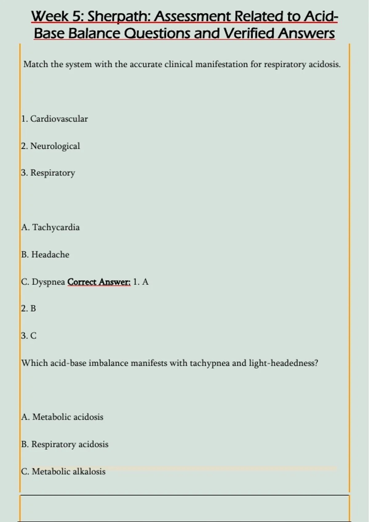Week 5: Sherpath: Assessment Related to Acid Base Balance Questions and ...