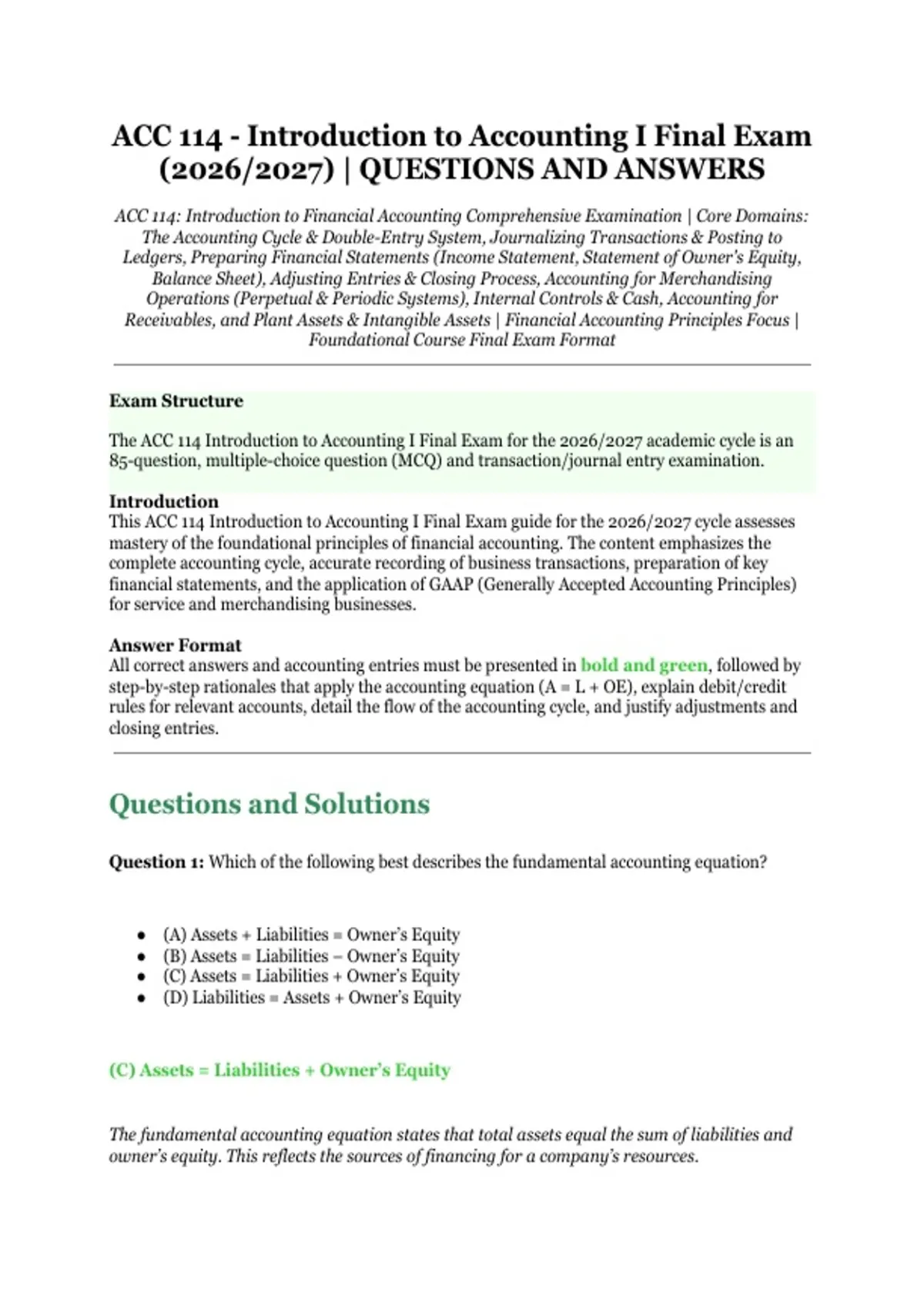 ACC 114 – Introduction to Accounting I Final Exam (2026/2027 ...