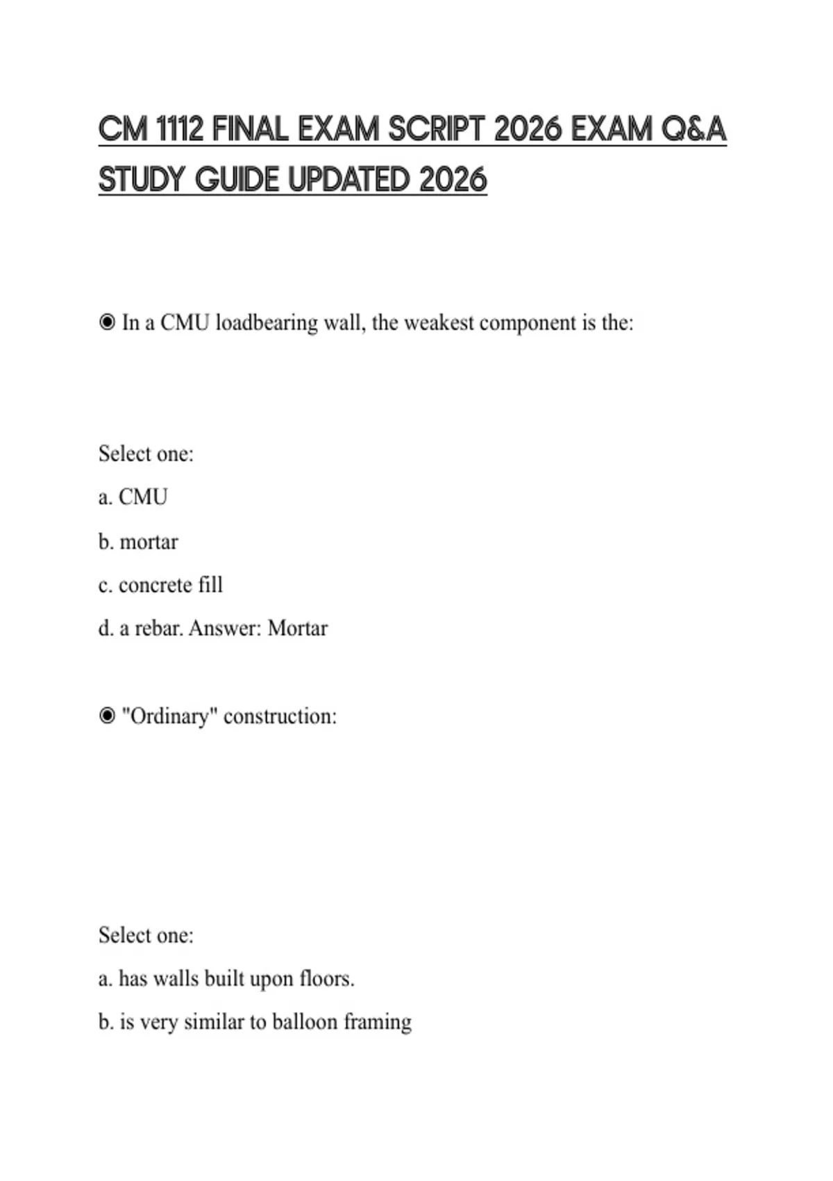 CM 1112 FINAL EXAM SCRIPT 2026 EXAM Q&A STUDY GUIDE UPDATED 2026 - CM ...