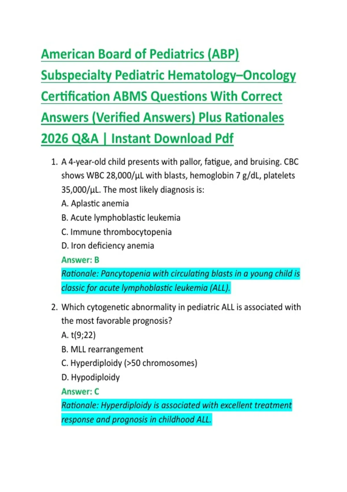 American Board of Pediatrics (ABP) Subspecialty Pediatric Hematology ...