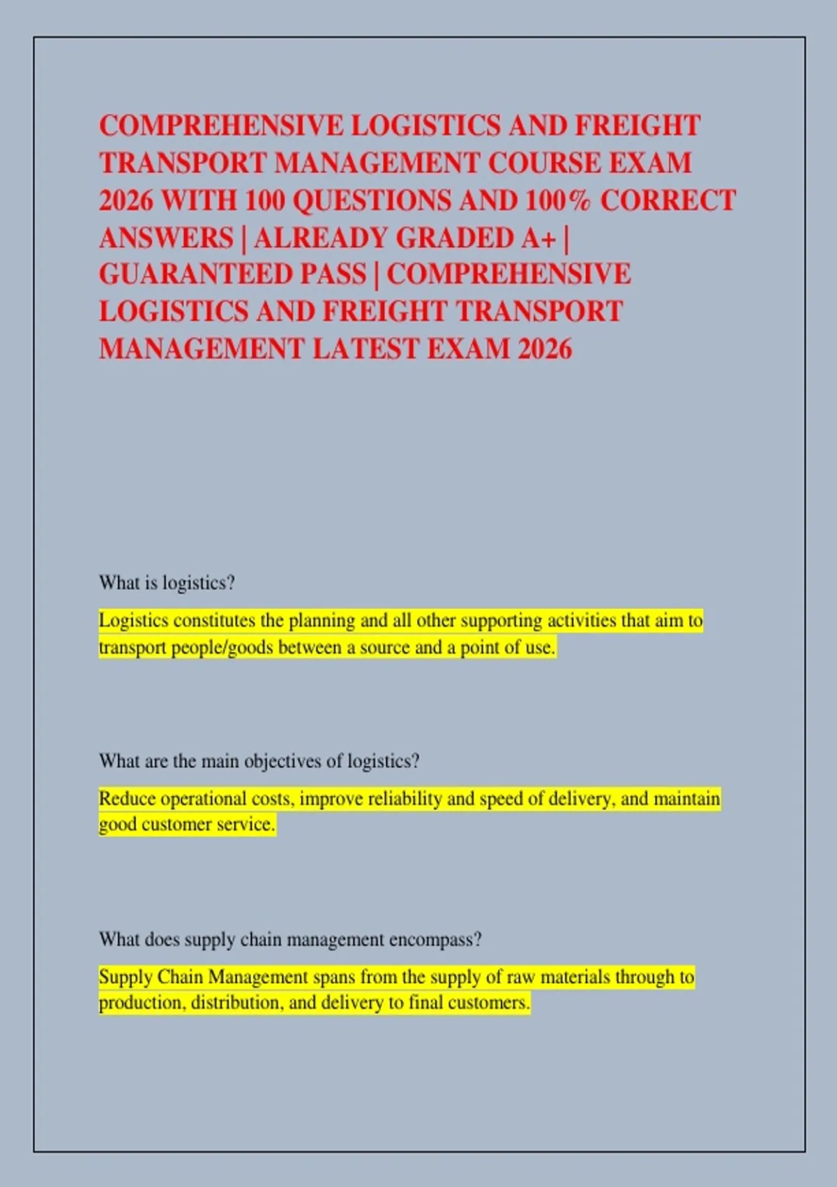 COMPREHENSIVE LOGISTICS AND FREIGHT TRANSPORT MANAGEMENT COURSE EXAM ...