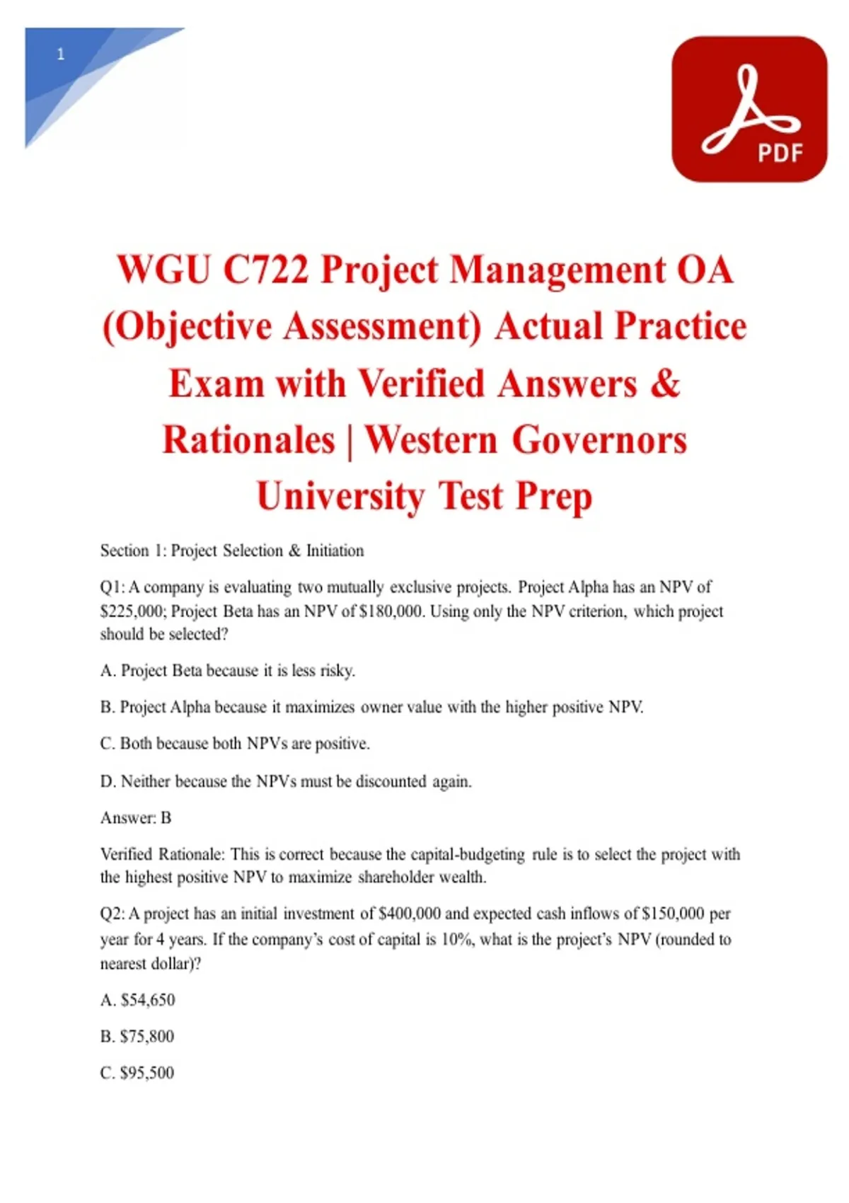 WGU C722 Project Management OA (Objective Assessment) Actual Practice ...