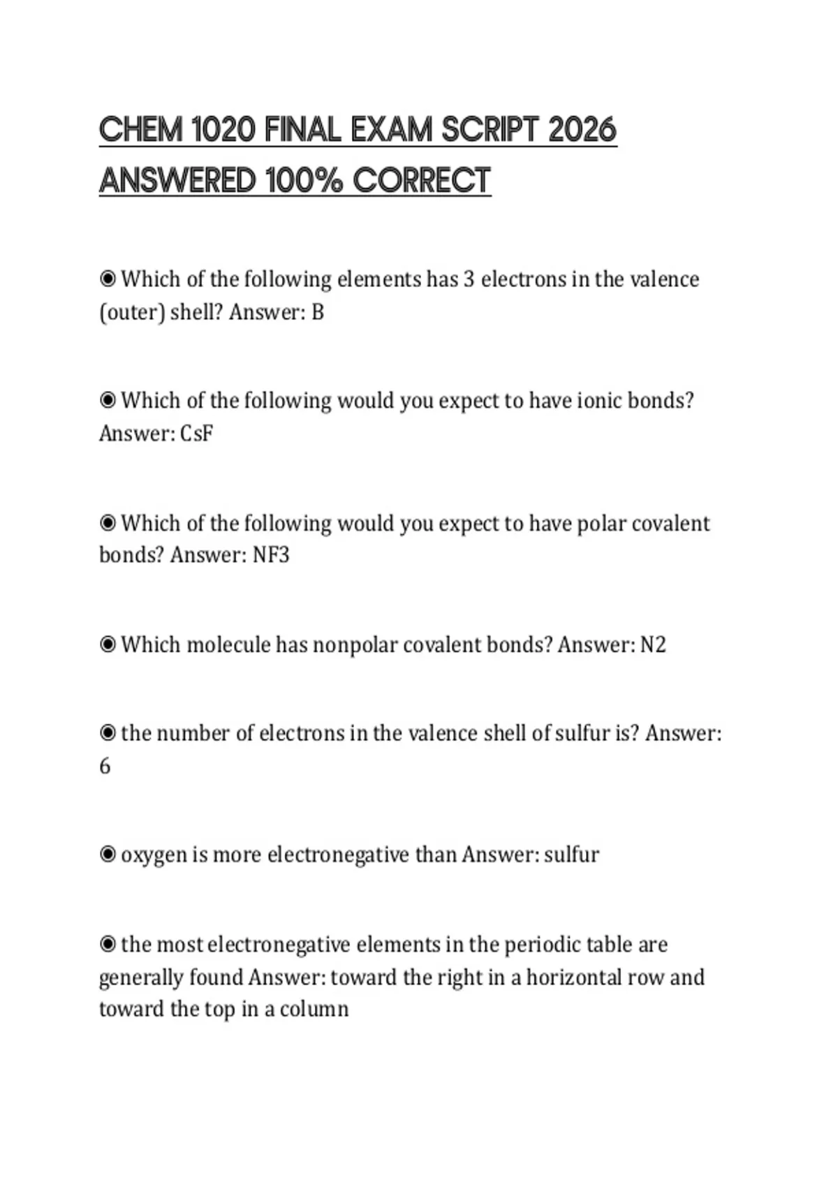 CHEM 1110 COMPREHENSIVE EXAM 2026 QUESTIONS AND ANSWERS 100% CORRECT ...