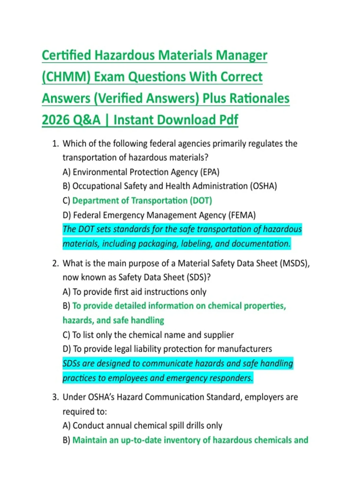 Certified Hazardous Materials Manager (CHMM) Exam Questions With Correct Answers (Verified ...