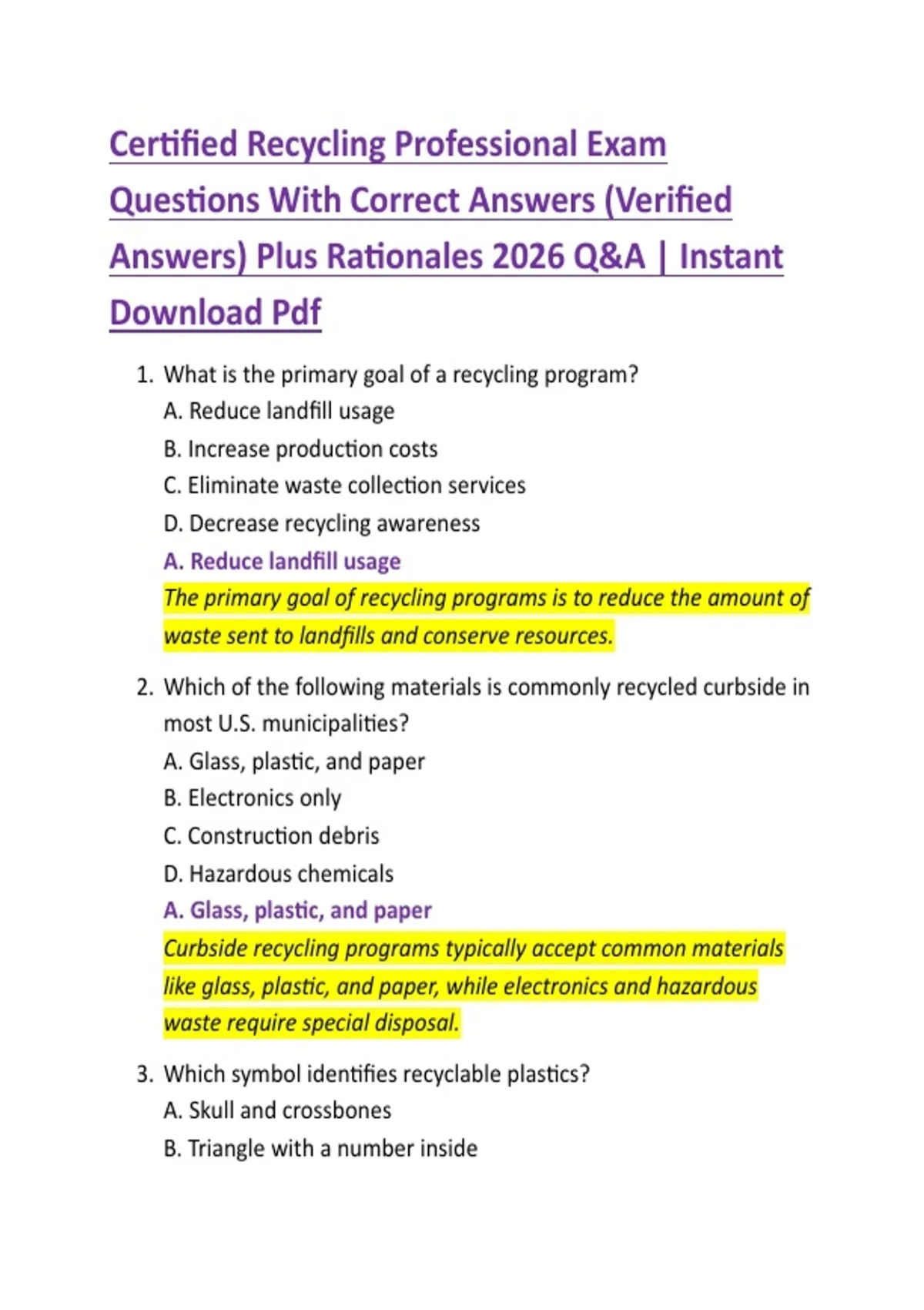 Certified Recycling Professional Exam Questions With Correct Answers (Verified Answers) Plus ...