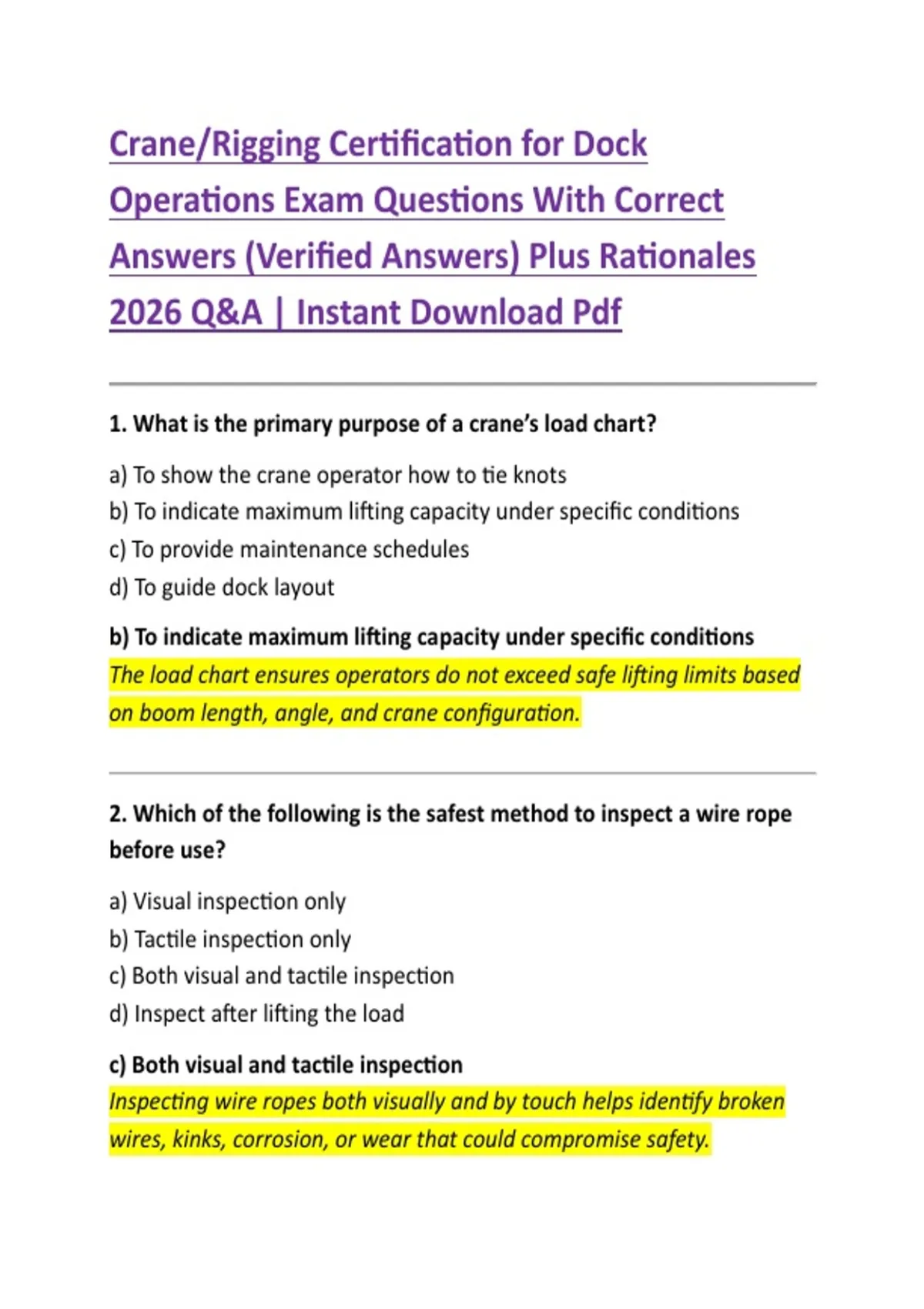 Crane/Rigging Certification for Dock Operations Exam Questions With ...