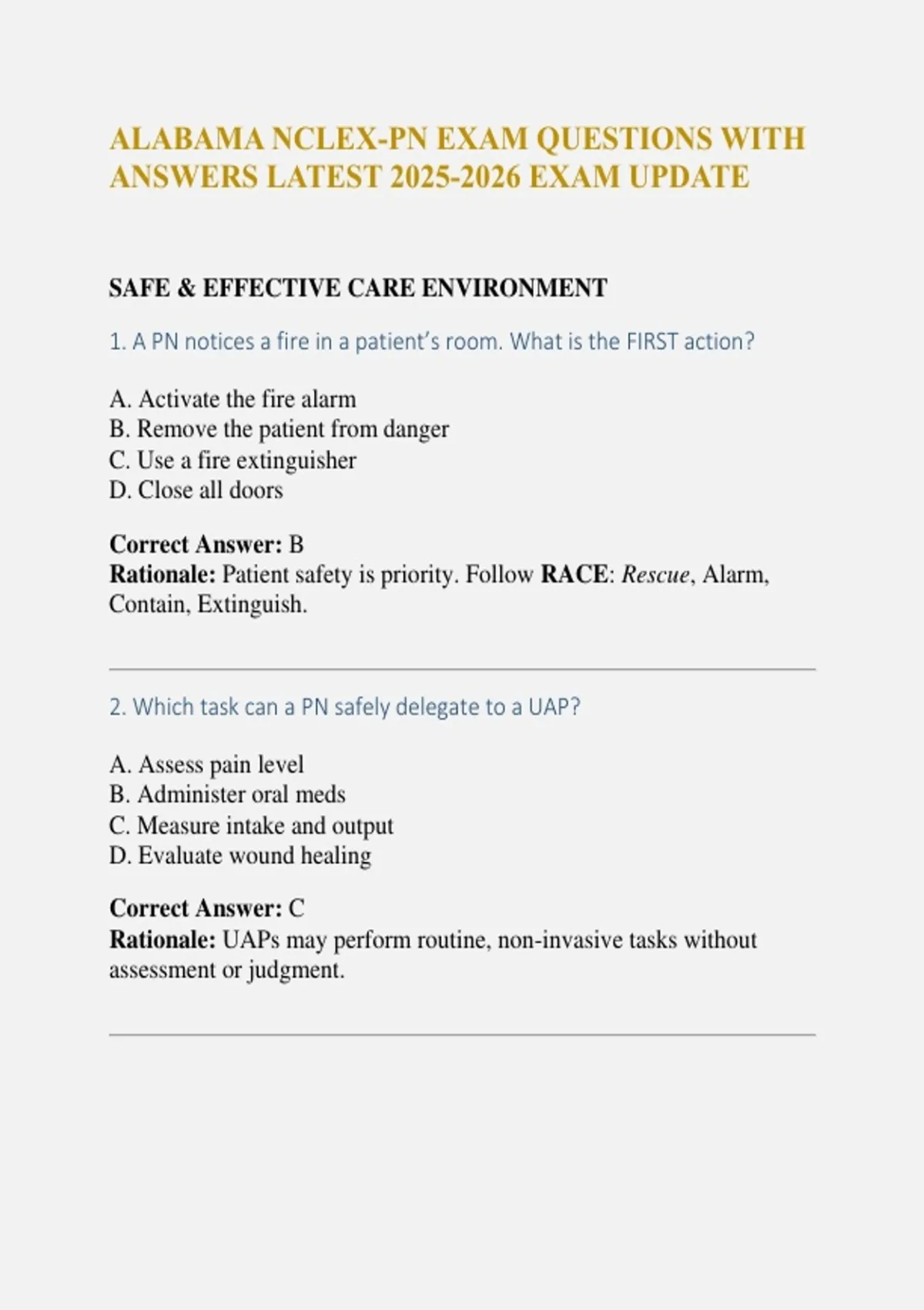ALABAMA NCLEX-PN EXAM QUESTIONS WITH ANSWERS LATEST EXAM UPDATE ...