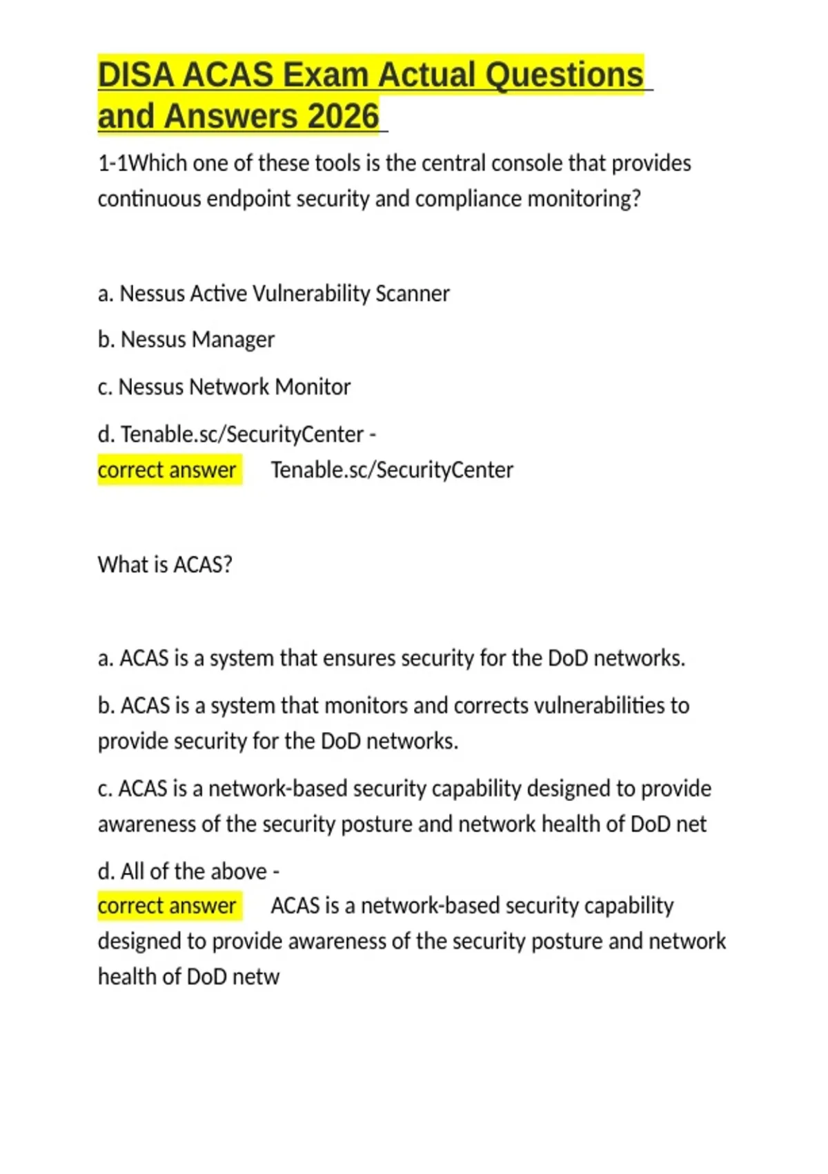 DISA ACAS Exam Actual Questions and Answers 2026.docx - Vulnerability ...
