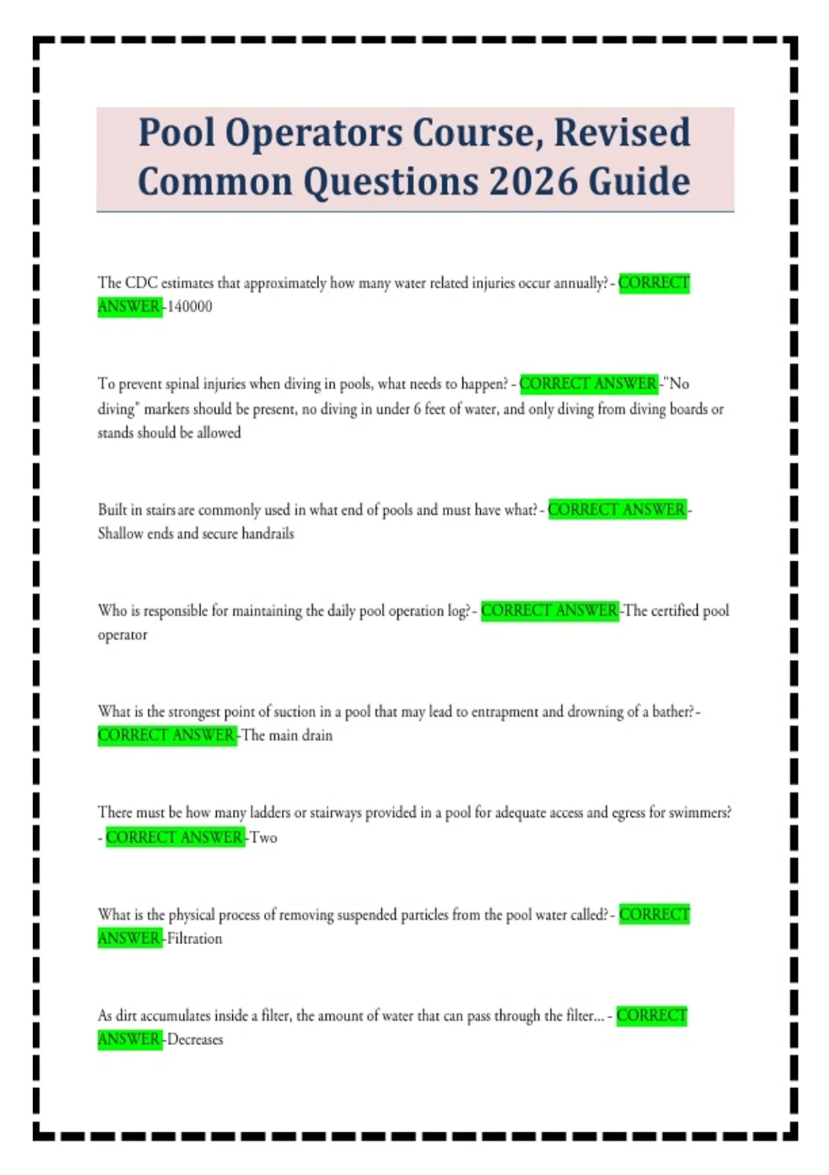 Formulas For Pool Operators Pool Operators Course, Revised Common Questions 2026 Guide - Pool/Spa ...