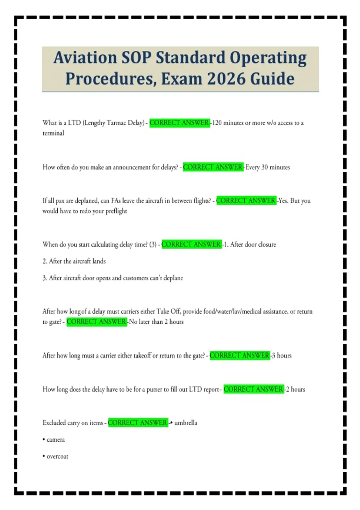Aviation SOP Standard Operating Procedures, Exam 2026 Guide - Aviation ...