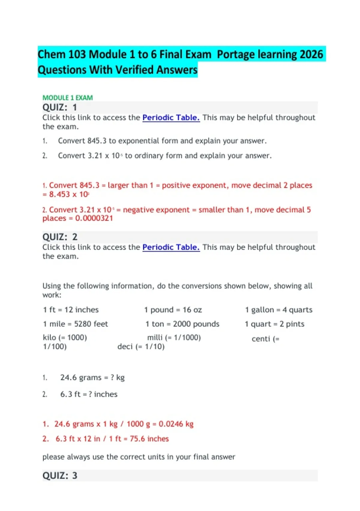Chem 103 Module 1 to 6 Final Exam Portage learning 2026 Questions With ...