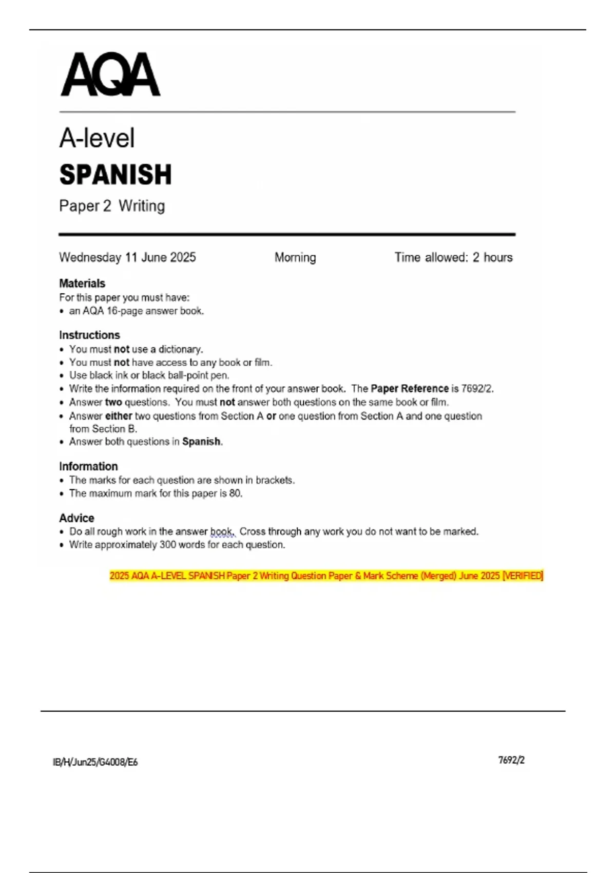 2025 AQA A-LEVEL SPANISH Paper 2 Writing Question Paper & Mark Scheme ...
