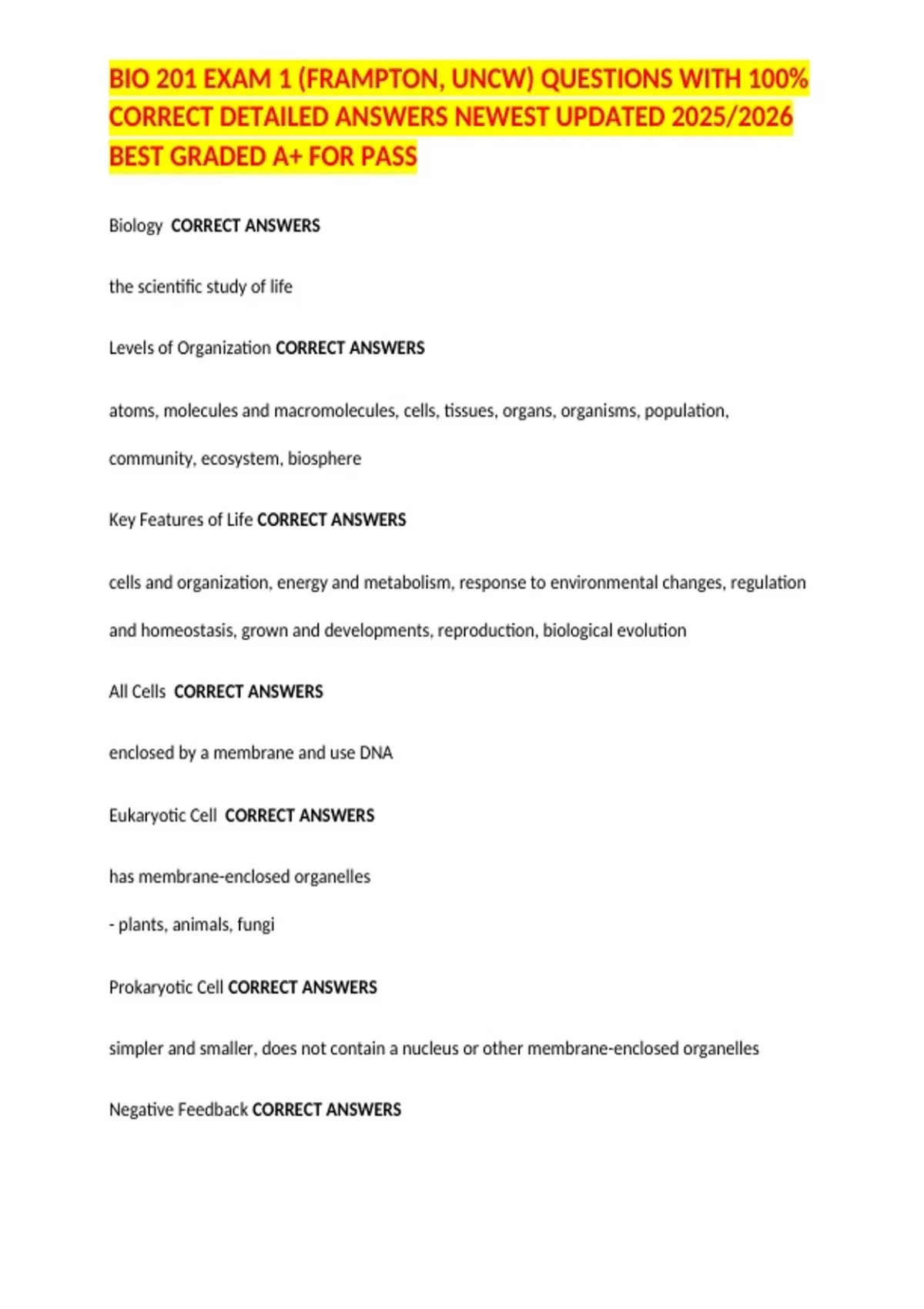 BIO 201 EXAM 1 (FRAMPTON, UNCW) QUESTIONS WITH 100% CORRECT DETAILED ...