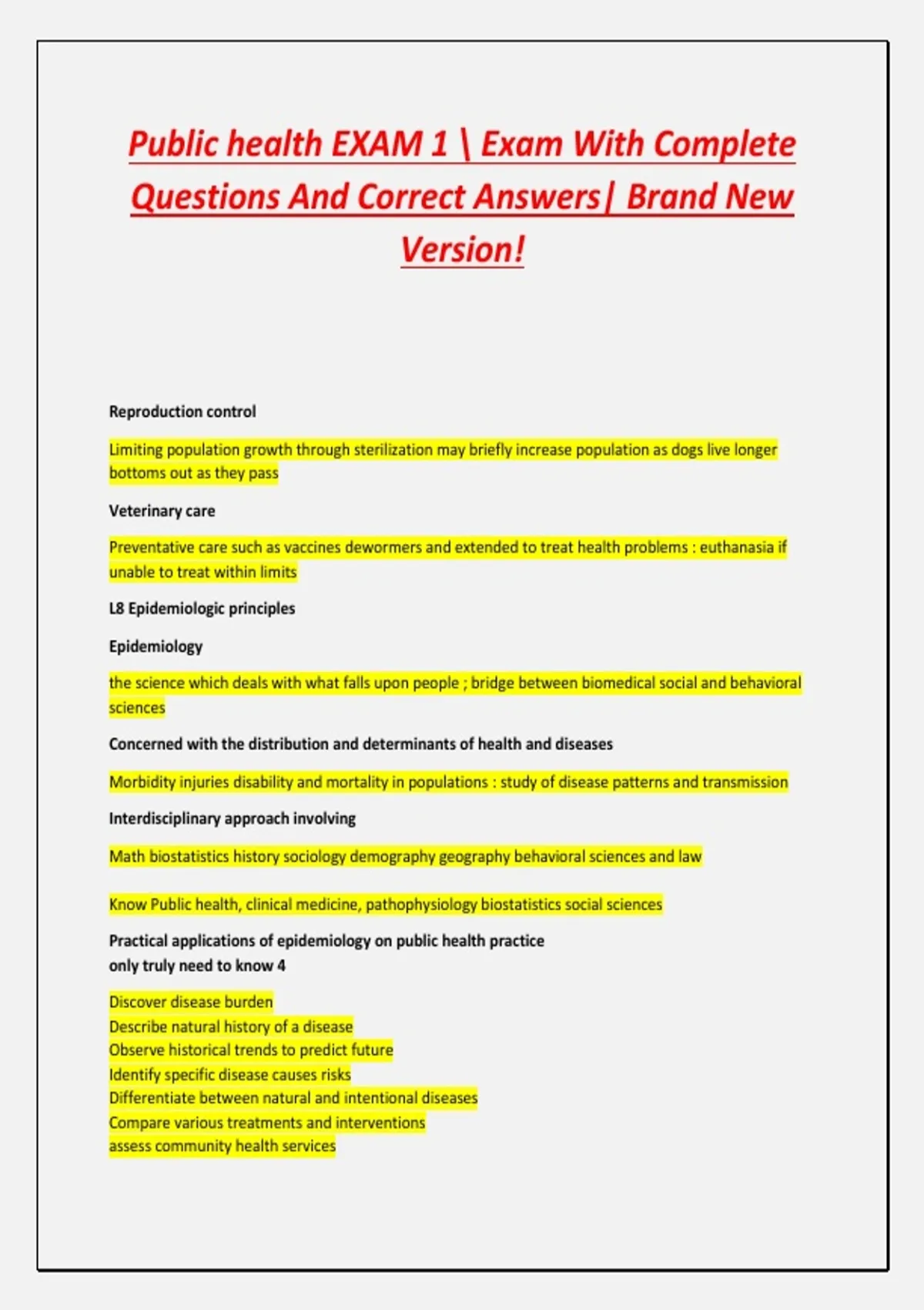 Public health EXAM 1 Exam With Complete Questions And Correct Answers ...