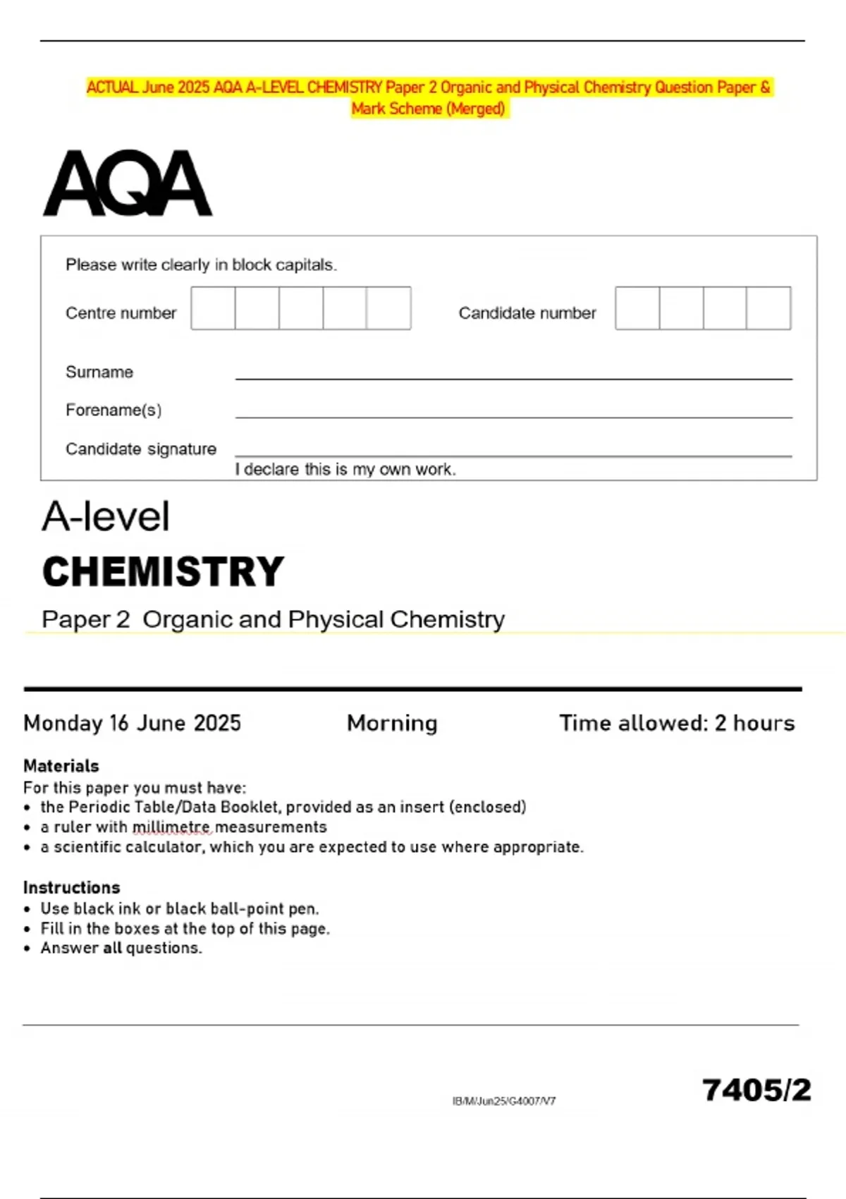 ACTUAL June 2025 AQA A-LEVEL CHEMISTRY Paper 2 Organic and Physical ...